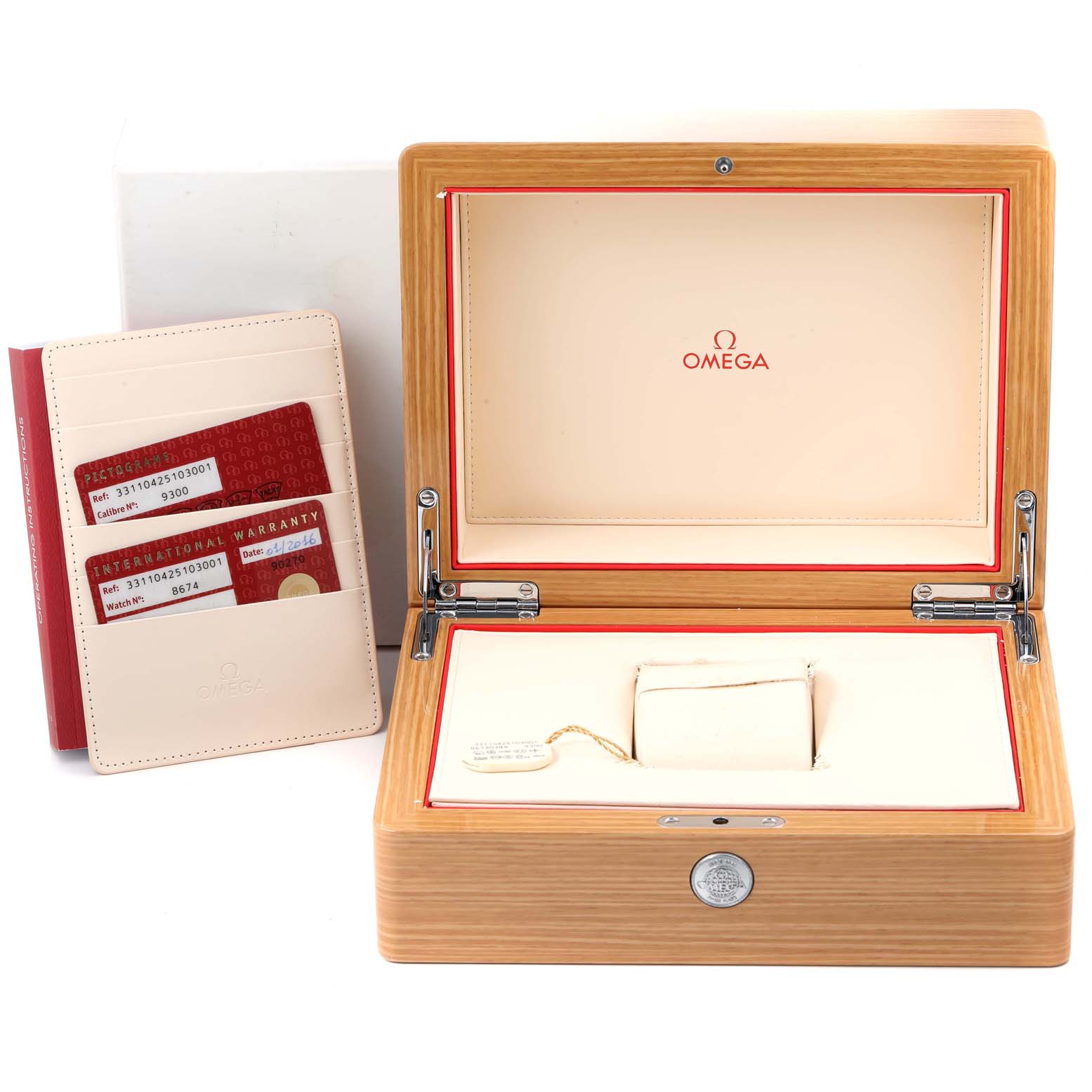 The image shows an Omega Speedmaster 331.10.42.51.03.001 Men's Stainless Steel Blue Dial 331.10.42.51.03.001 Men's Stainless Steel Blue Dial watch box and warranty cards from a slightly elevated front angle.