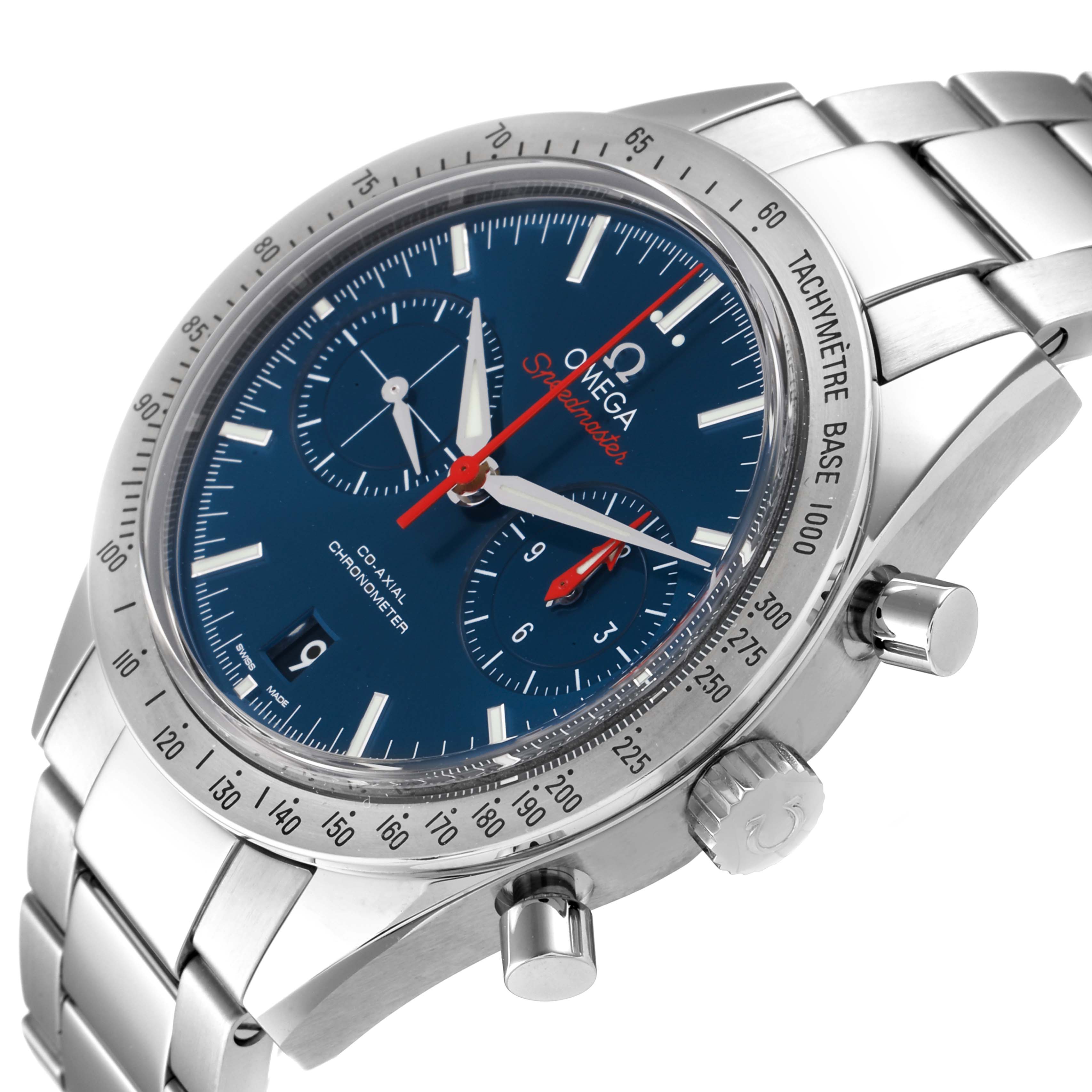 The image shows a side angle of the Omega Speedmaster 331.10.42.51.03.001 Men's Stainless Steel Blue Dial 331.10.42.51.03.001 Men's Stainless Steel Blue Dial watch, highlighting the bracelet, bezel, dial, and crown.