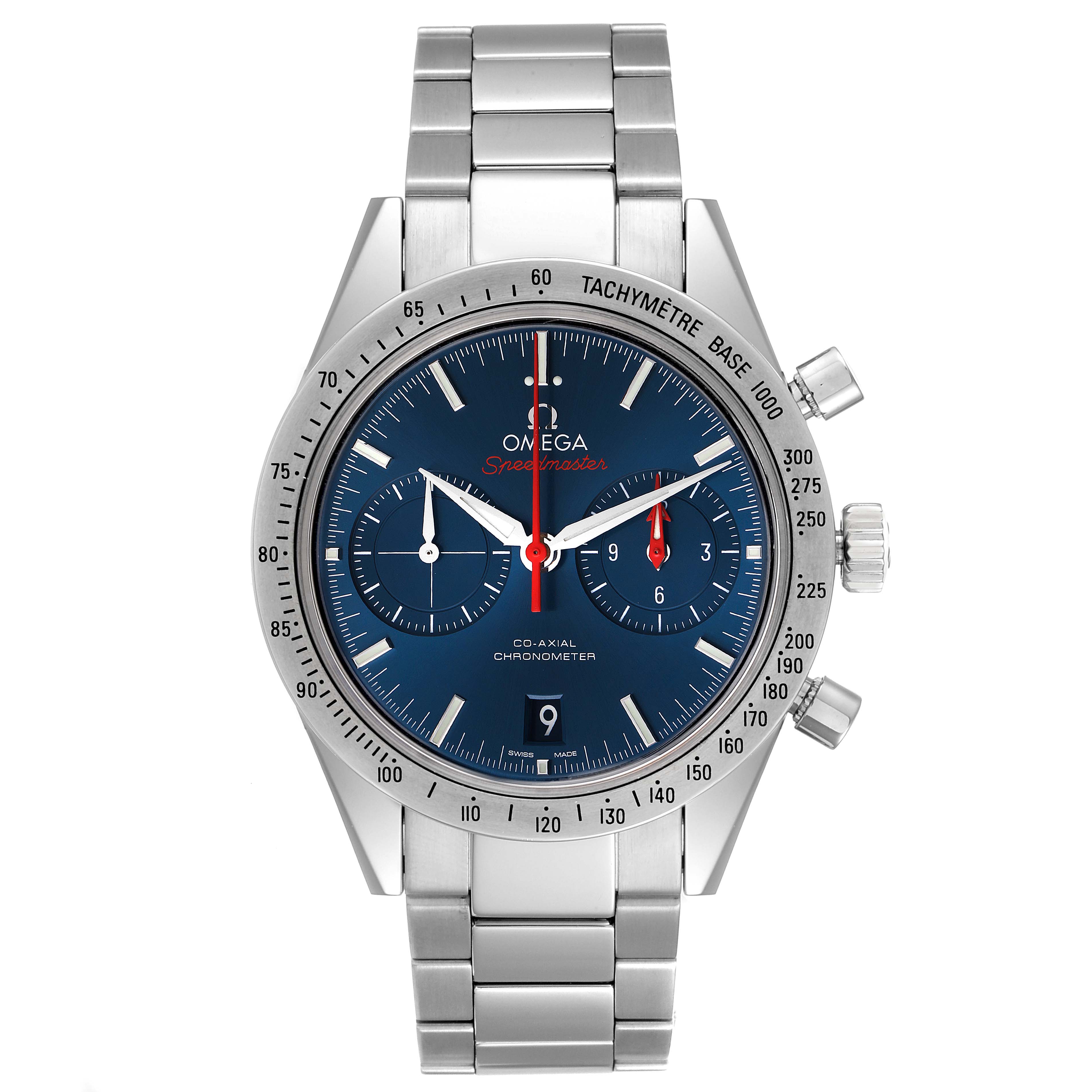 The Omega Speedmaster 331.10.42.51.03.001 Men's Stainless Steel Blue Dial 331.10.42.51.03.001 Men's Stainless Steel Blue Dial watch is shown from the front, displaying its blue dial, tachymeter bezel, and stainless steel bracelet.