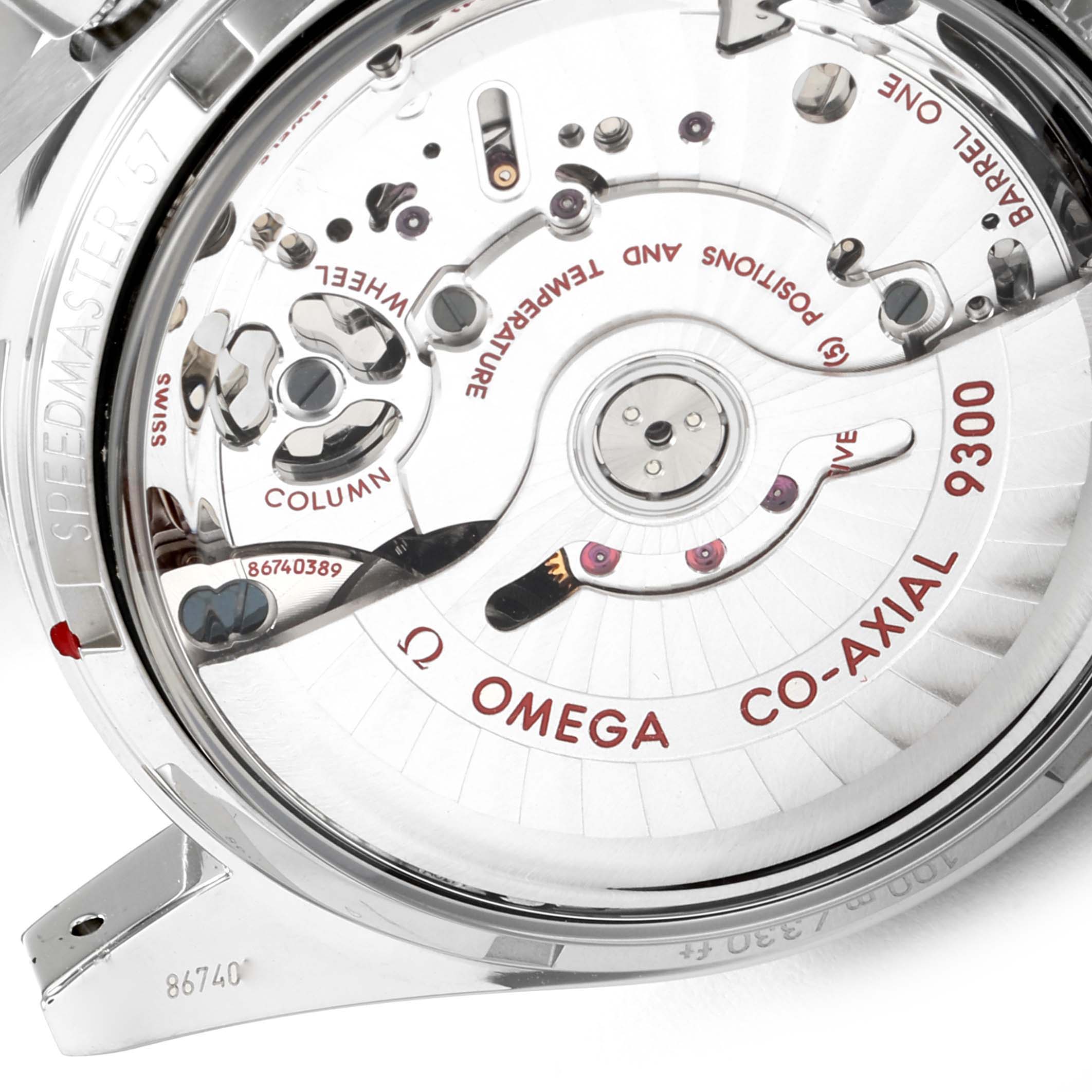 The image shows the back of an Omega Speedmaster 331.10.42.51.03.001 Men's Stainless Steel Blue Dial 331.10.42.51.03.001 Men's Stainless Steel Blue Dial watch, revealing the internal Co-Axial movement mechanism model 9300.