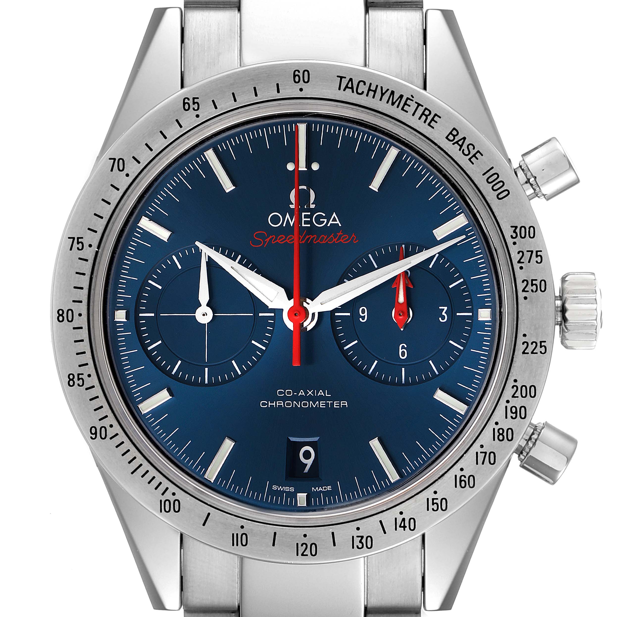 The image shows a frontal view of the Omega Speedmaster 331.10.42.51.03.001 Men's Stainless Steel Blue Dial 331.10.42.51.03.001 Men's Stainless Steel Blue Dial watch, highlighting its dial, tachymeter bezel, and chronograph features.