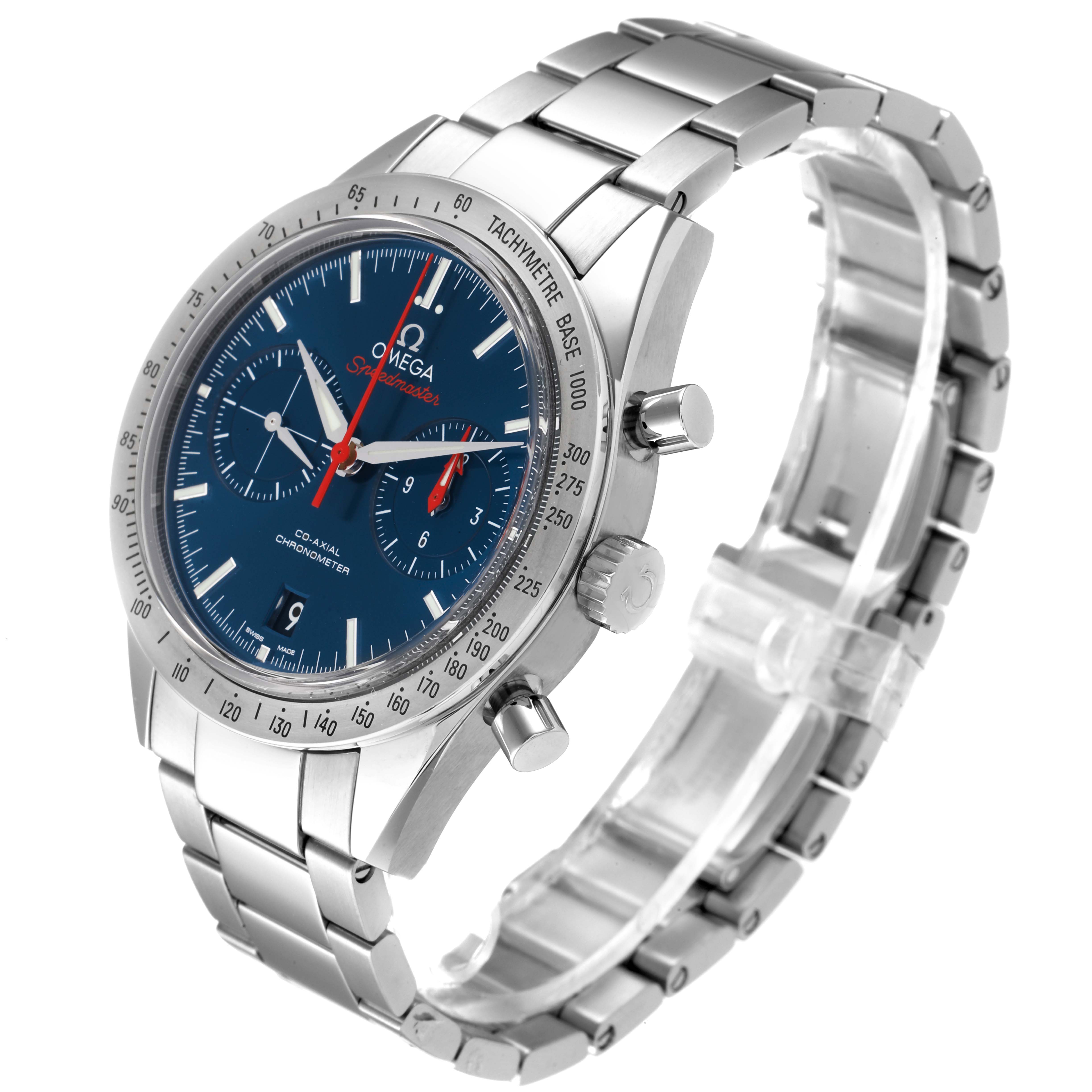 The Omega Speedmaster 331.10.42.51.03.001 Men's Stainless Steel Blue Dial 331.10.42.51.03.001 Men's Stainless Steel Blue Dial watch is shown at a three-quarter angle, highlighting its blue dial, tachymeter bezel, and stainless steel bracelet.
