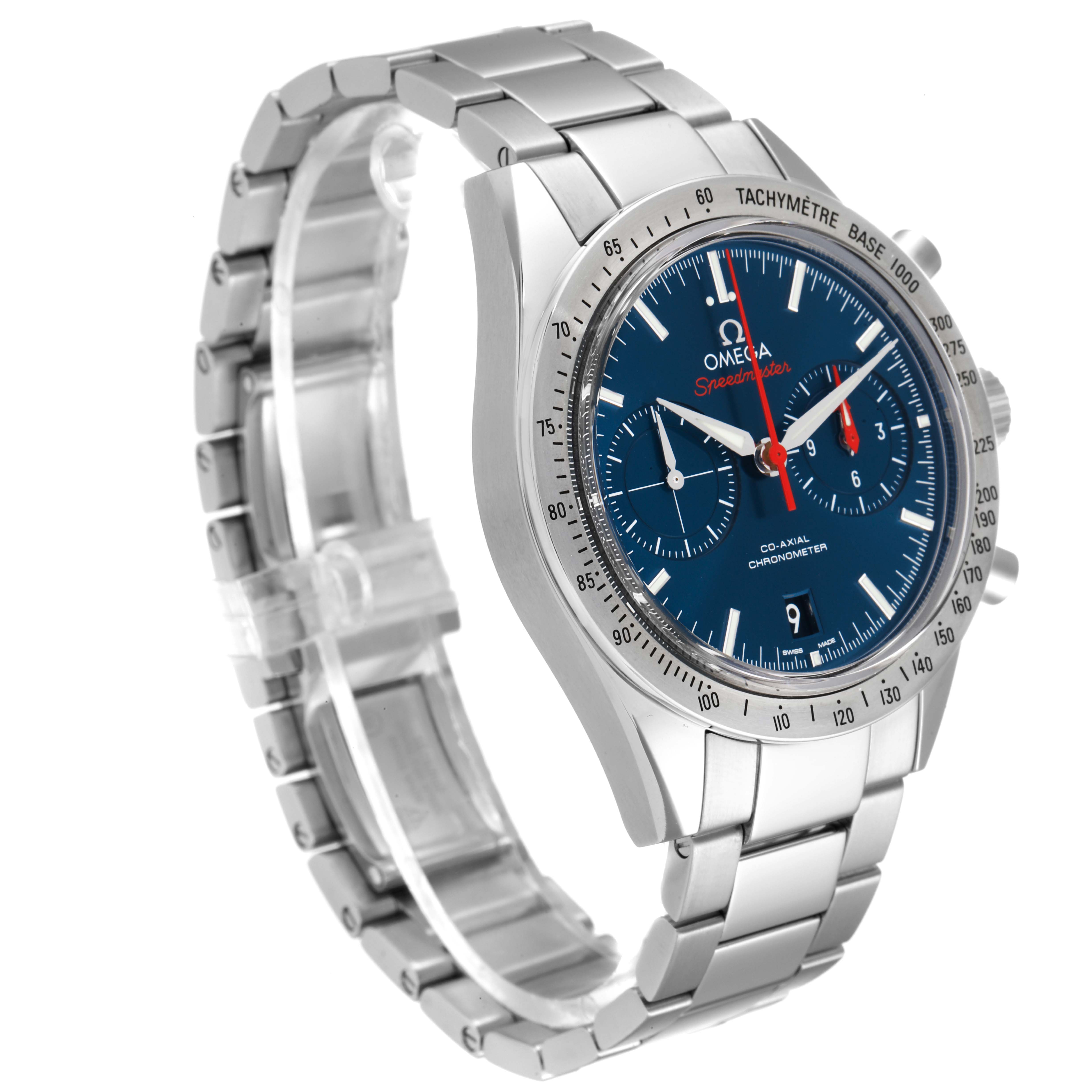 The image shows an angled view of an Omega Speedmaster 331.10.42.51.03.001 Men's Stainless Steel Blue Dial 331.10.42.51.03.001 Men's Stainless Steel Blue Dial watch, highlighting the face, bezel, and metal bracelet.