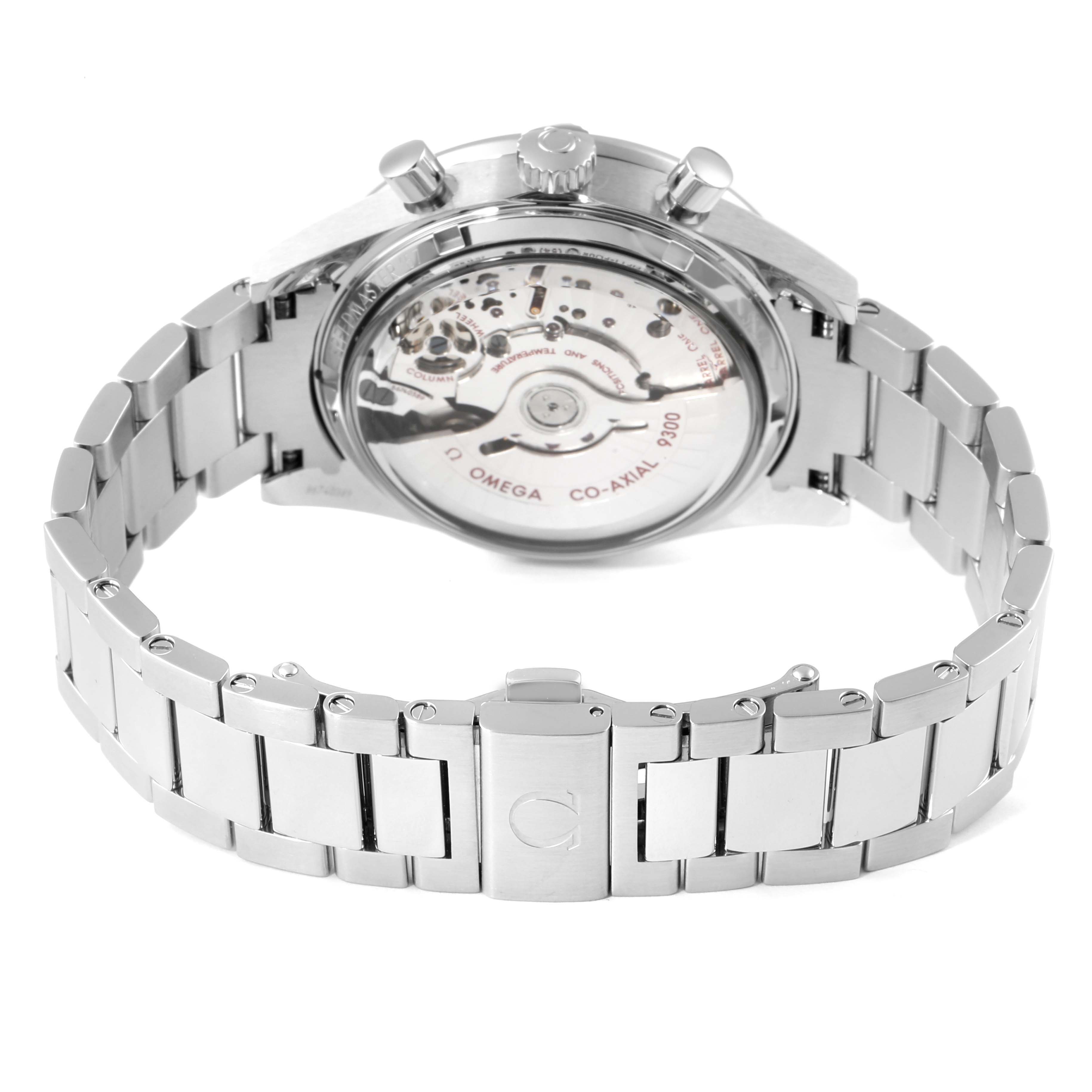 The image shows the back of the Omega Speedmaster 331.10.42.51.03.001 Men's Stainless Steel Blue Dial 331.10.42.51.03.001 Men's Stainless Steel Blue Dial watch, highlighting the transparent case back and the metal bracelet.