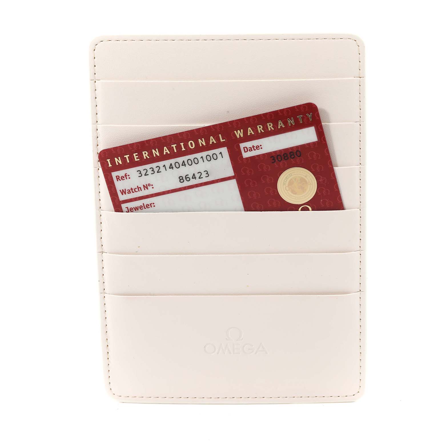 The image shows an Omega Speedmaster 323.21.40.40.01.001 Men's Steel and Gold (two tone) Black Dial 323.21.40.40.01.001 Men's Steel and Gold (two tone) Black Dial's international warranty card in a white cardholder.