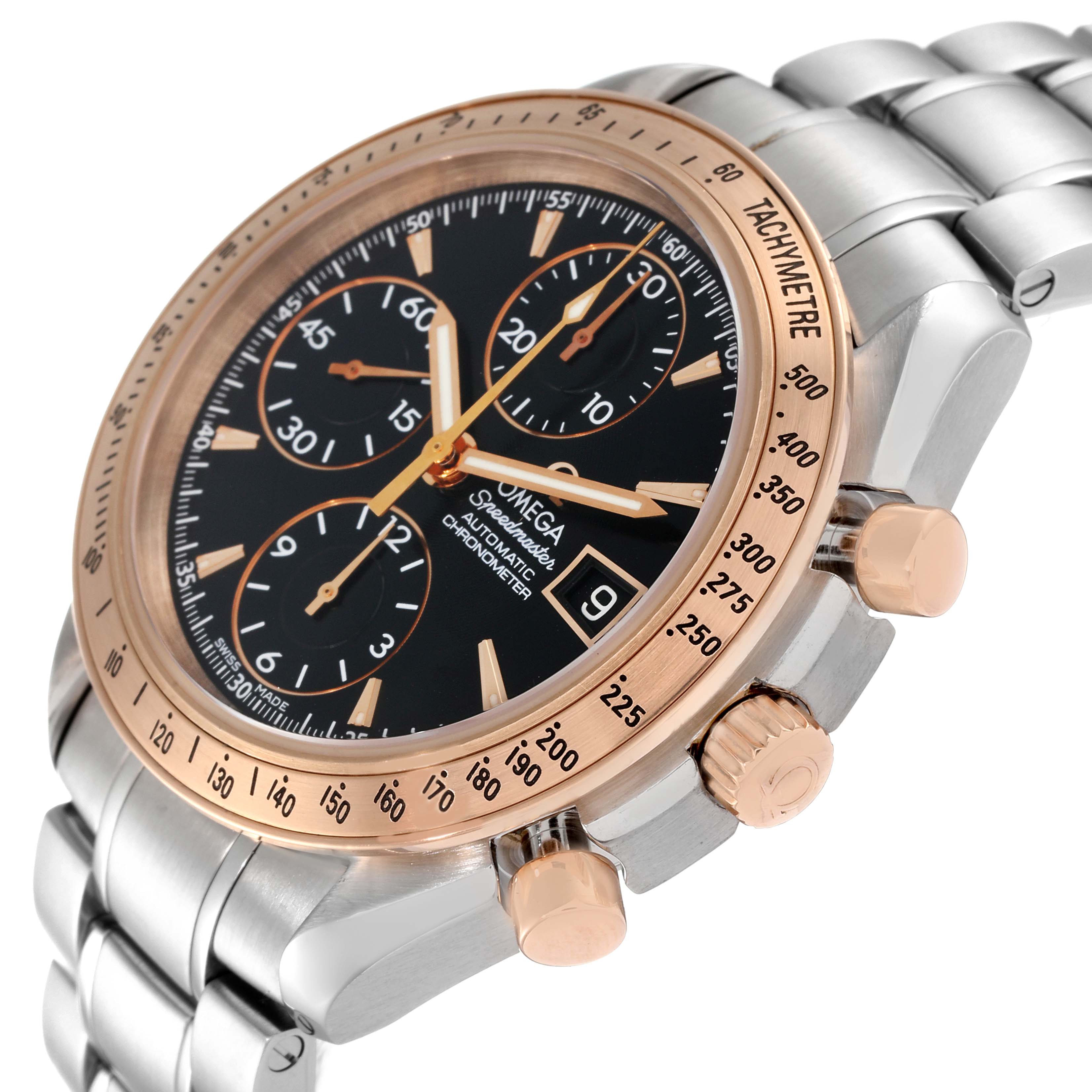 This image shows an angled view of an Omega Speedmaster 323.21.40.40.01.001 Men's Steel and Gold (two tone) Black Dial 323.21.40.40.01.001 Men's Steel and Gold (two tone) Black Dial watch, highlighting the face, bezel, chronograph dials, and bracelet.