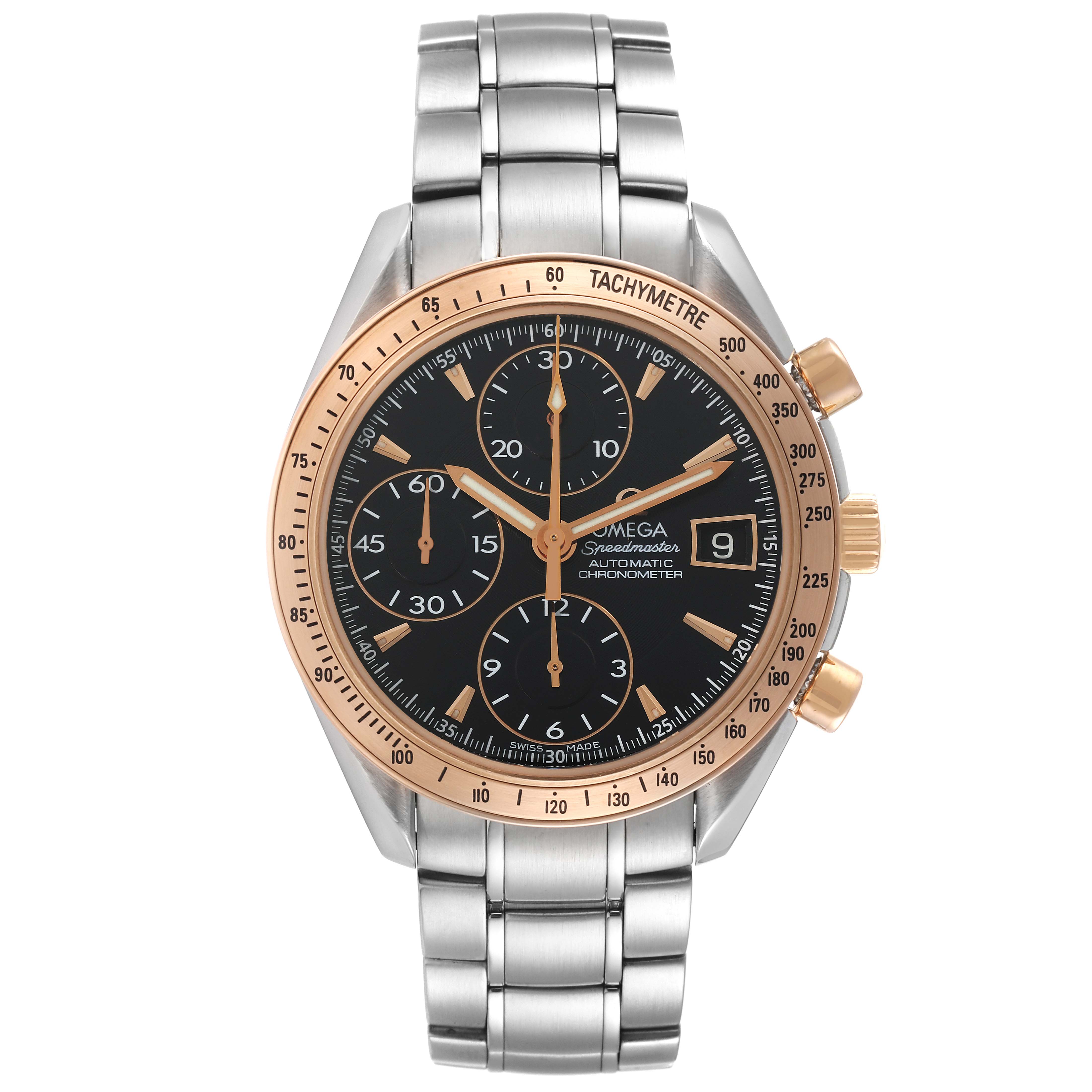 The image shows a front view of an Omega Speedmaster 323.21.40.40.01.001 Men's Steel and Gold (two tone) Black Dial 323.21.40.40.01.001 Men's Steel and Gold (two tone) Black Dial watch, highlighting the stainless steel band, black dial, gold bezel, and chronograph features.