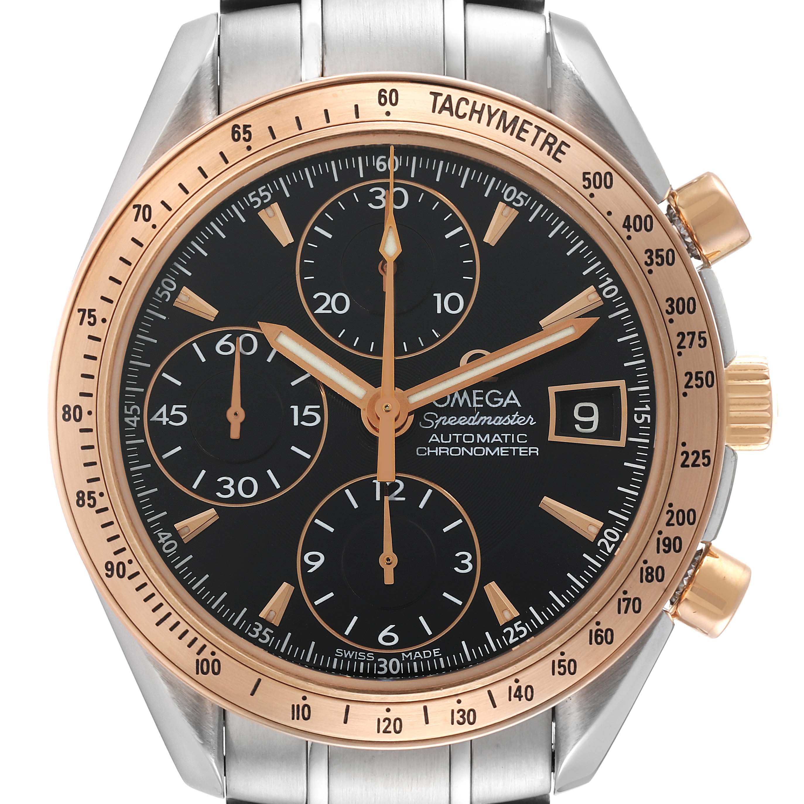 The image shows a front view of an Omega Speedmaster 323.21.40.40.01.001 Men's Steel and Gold (two tone) Black Dial 323.21.40.40.01.001 Men's Steel and Gold (two tone) Black Dial watch, highlighting its dial, tachymeter, and sub-dials.