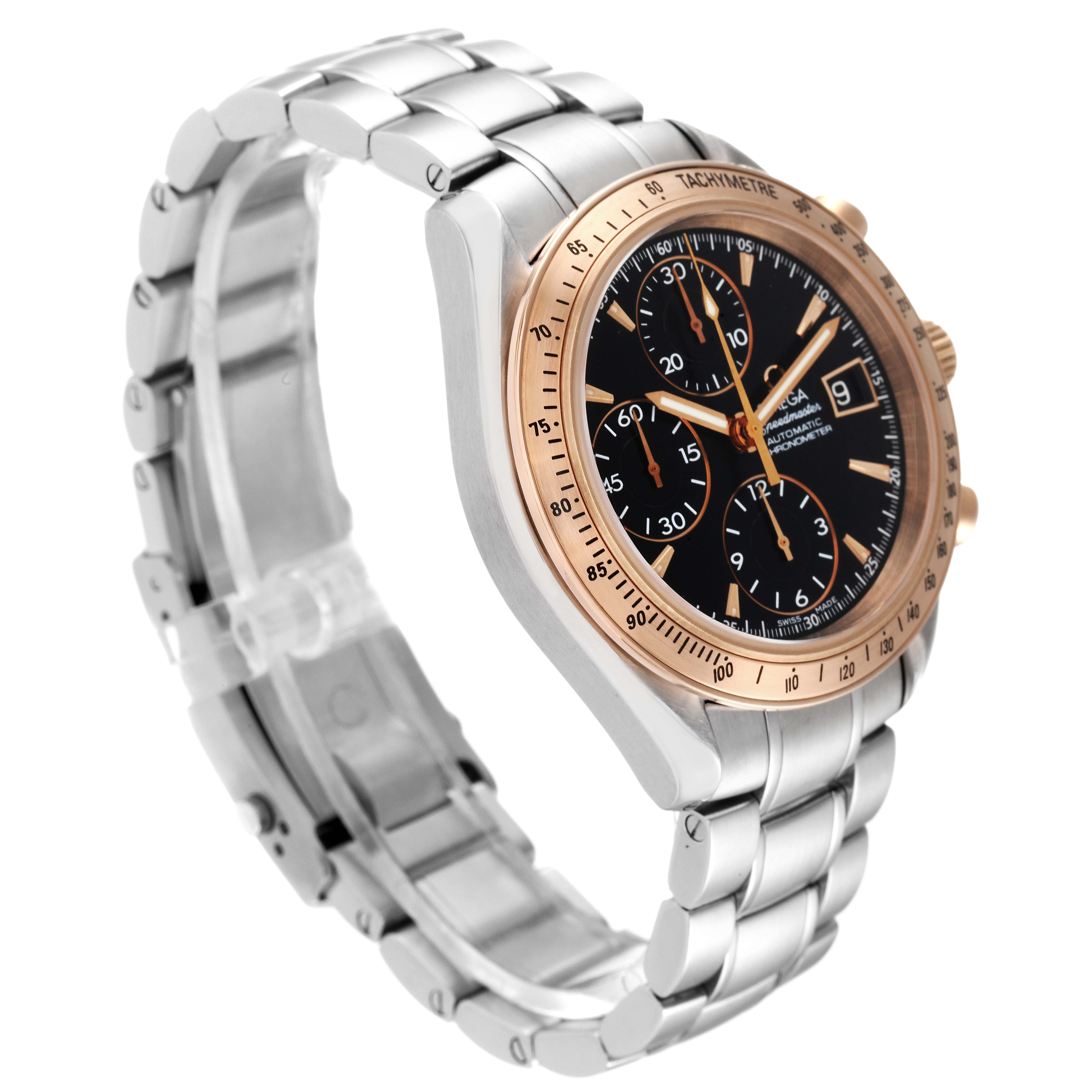The Omega Speedmaster 323.21.40.40.01.001 Men's Steel and Gold (two tone) Black Dial 323.21.40.40.01.001 Men's Steel and Gold (two tone) Black Dial watch is shown from an oblique angle, featuring its bracelet, bezel, and dial.