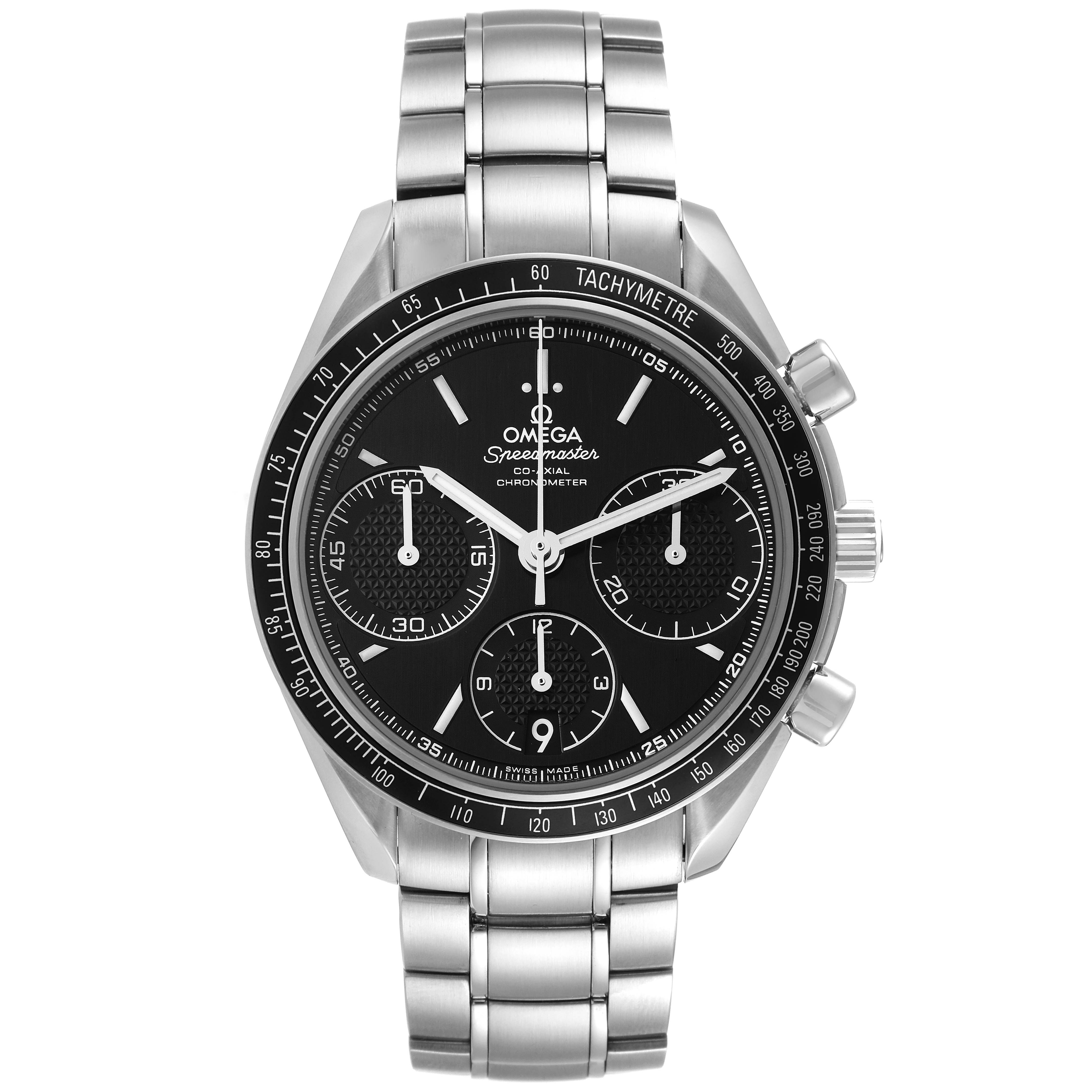 This image shows a front view of the Omega Speedmaster 326.30.40.50.01.001 Men's Stainless Steel Black Dial 326.30.40.50.01.001 Men's Stainless Steel Black Dial watch, featuring its dial, tachymeter bezel, and stainless steel bracelet.