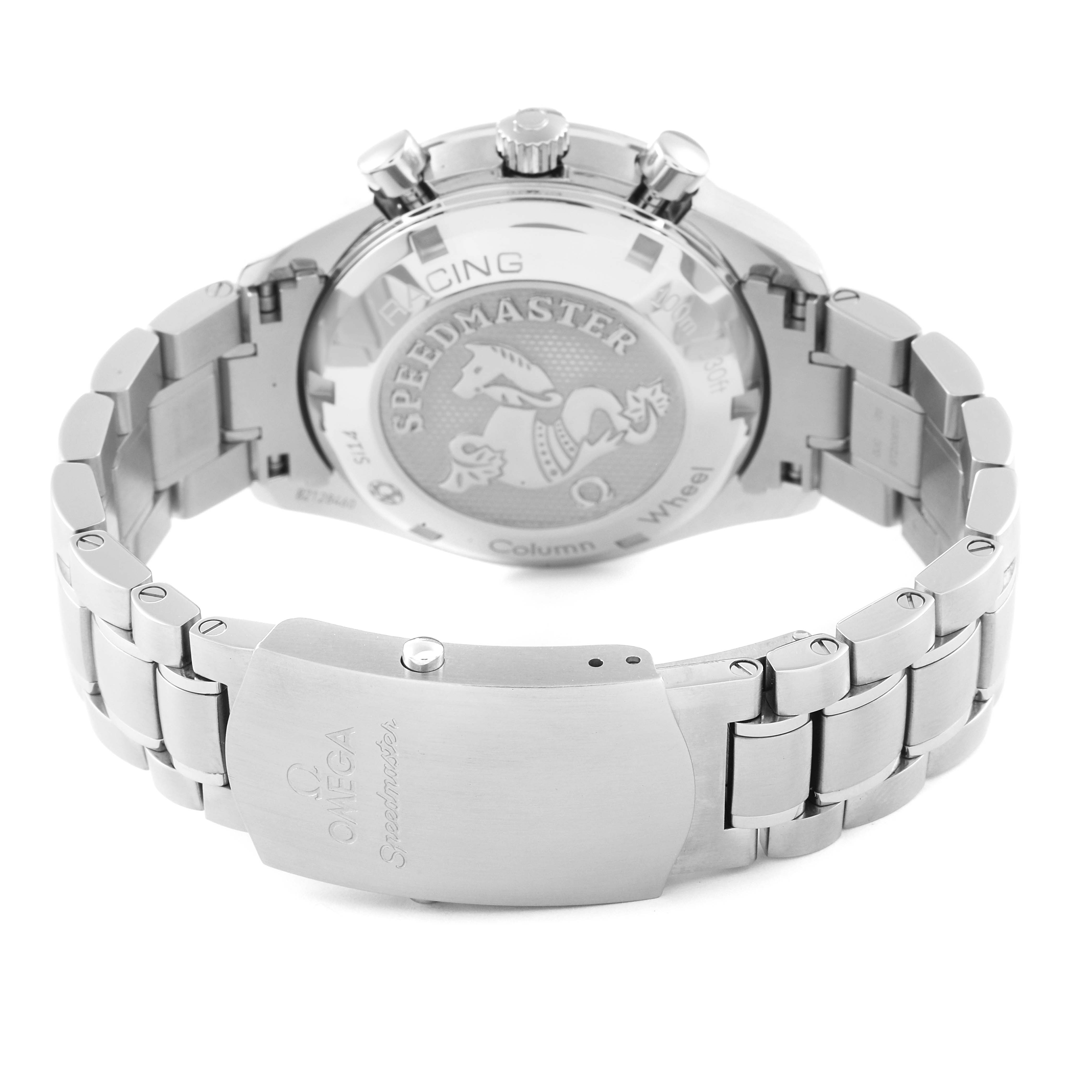 This image shows the back case and bracelet of the Omega Speedmaster 326.30.40.50.01.001 Men's Stainless Steel Black Dial 326.30.40.50.01.001 Men's Stainless Steel Black Dial watch, focusing on the clasp and engraving details.