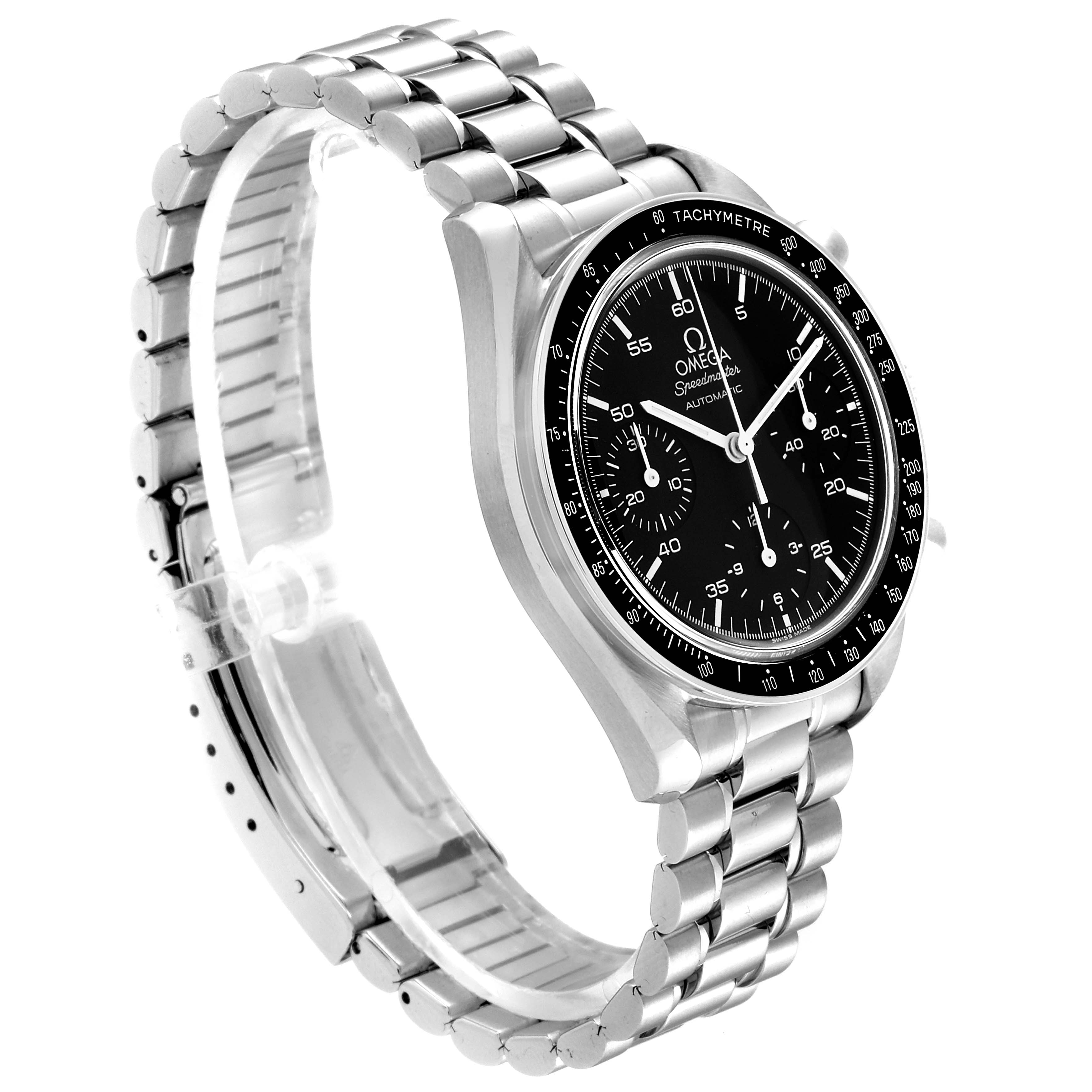 The Omega Speedmaster 3510.50.00 Men
s Stainless Steel Black Dial 3510.50.00 Men
s Stainless Steel Black Dial watch is displayed at an angled front view highlighting the black dial, subdials, stainless steel case, and bracelet.