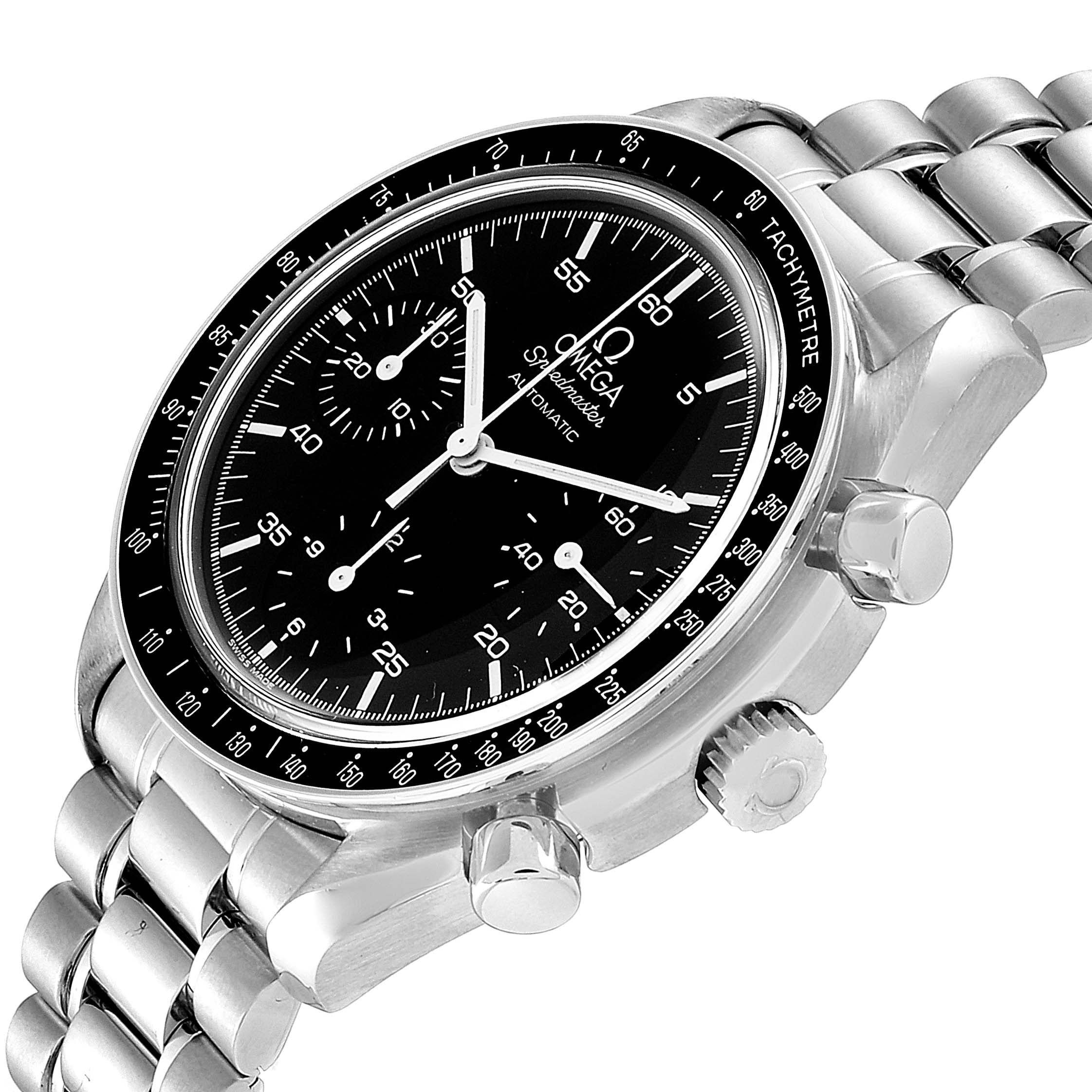 The image shows the Omega Speedmaster 3510.50.00 Men
s Stainless Steel Black Dial 3510.50.00 Men
s Stainless Steel Black Dial watch at a slight angle, highlighting the dial, tachymeter bezel, crown, and pushers.