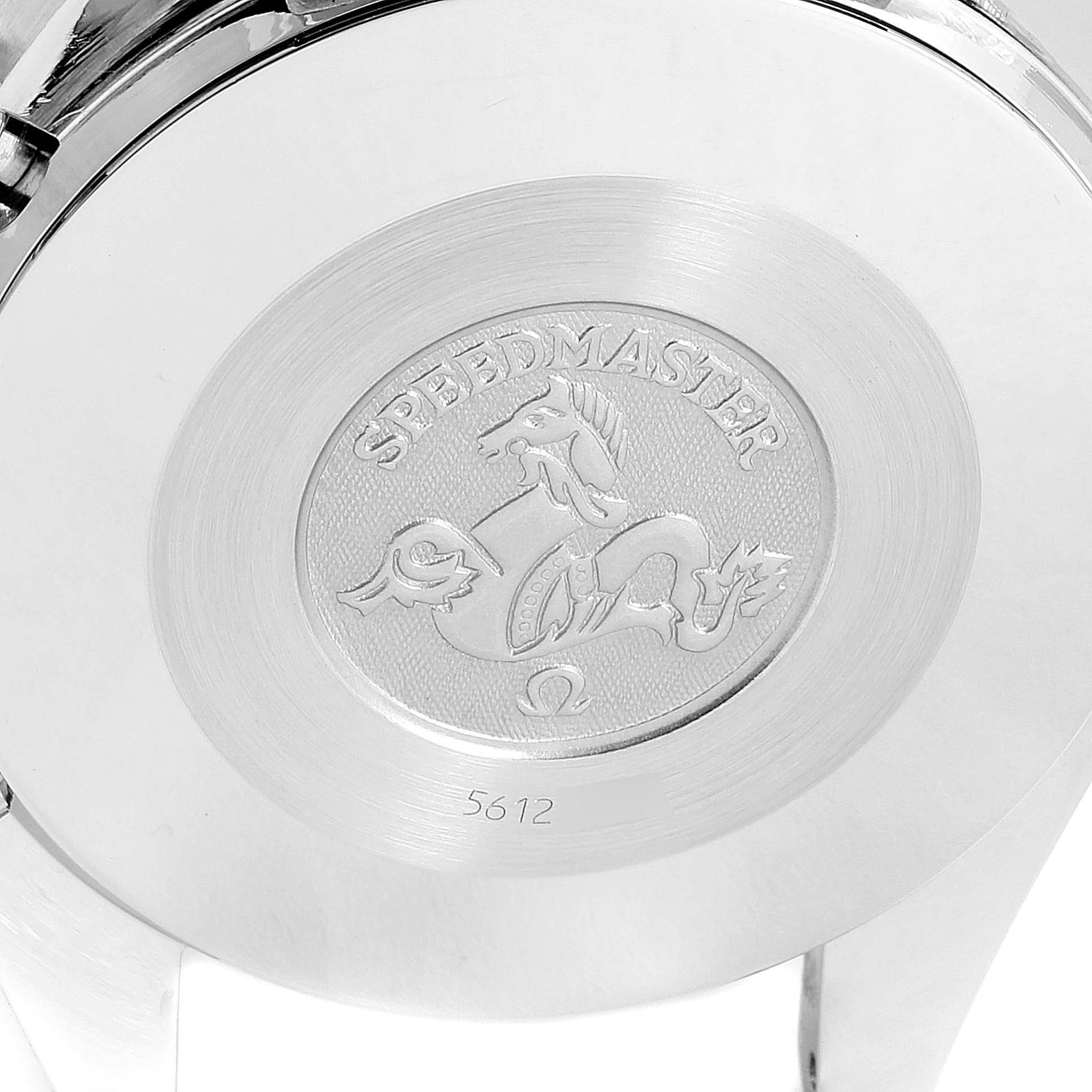 The image shows the back case of an Omega Speedmaster 3510.50.00 Men
s Stainless Steel Black Dial 3510.50.00 Men
s Stainless Steel Black Dial watch, engraved with the Speedmaster logo and text.