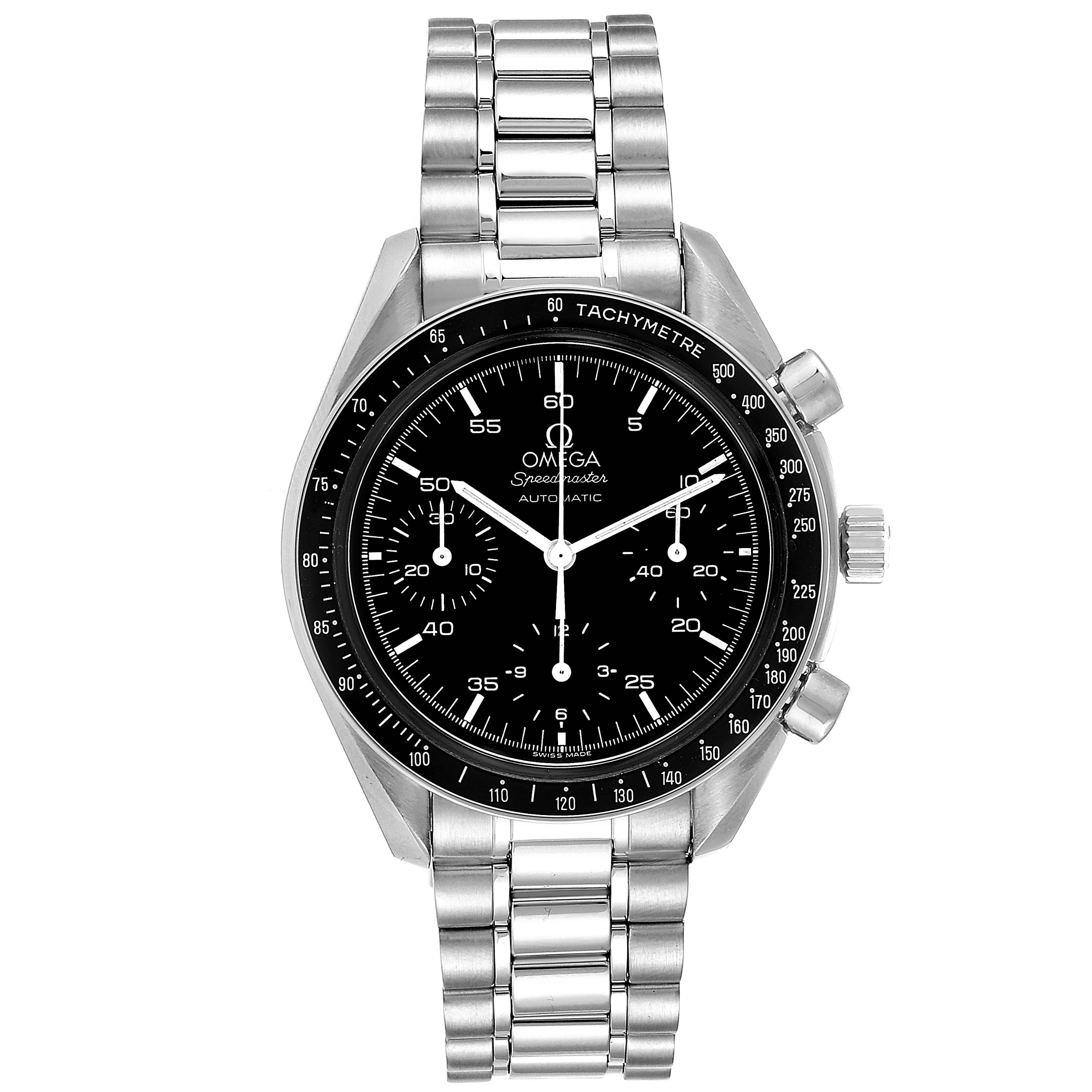 The image shows a front view of the Omega Speedmaster 3510.50.00 Men
s Stainless Steel Black Dial 3510.50.00 Men
s Stainless Steel Black Dial watch, highlighting its face, bracelet, and crown.