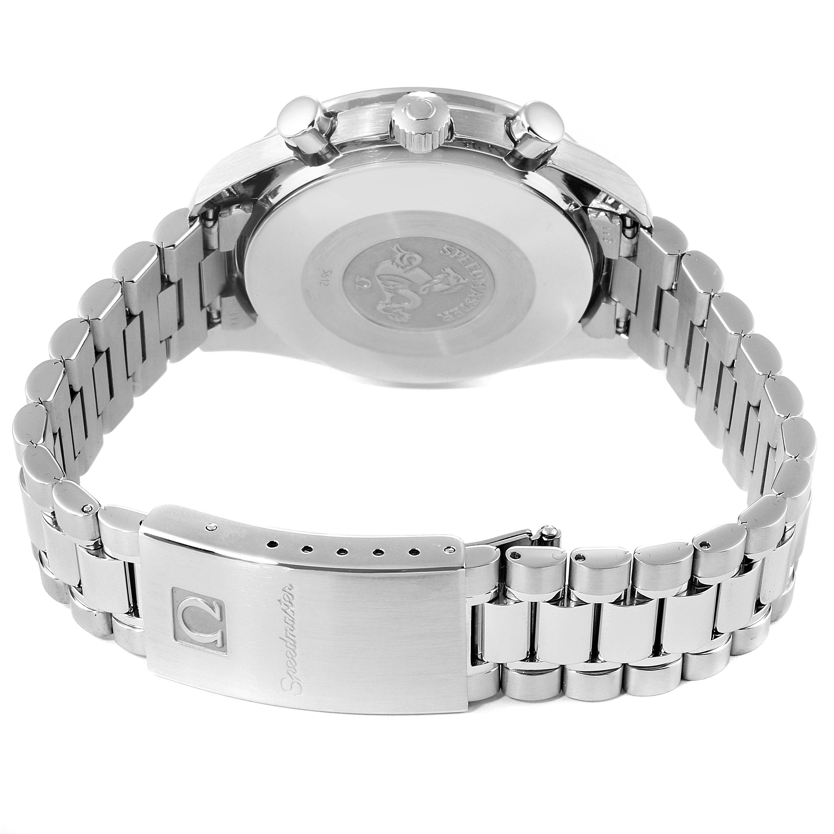 This image shows the back and clasp of an Omega Speedmaster 3510.50.00 Men
s Stainless Steel Black Dial 3510.50.00 Men
s Stainless Steel Black Dial watch from a rear angle.