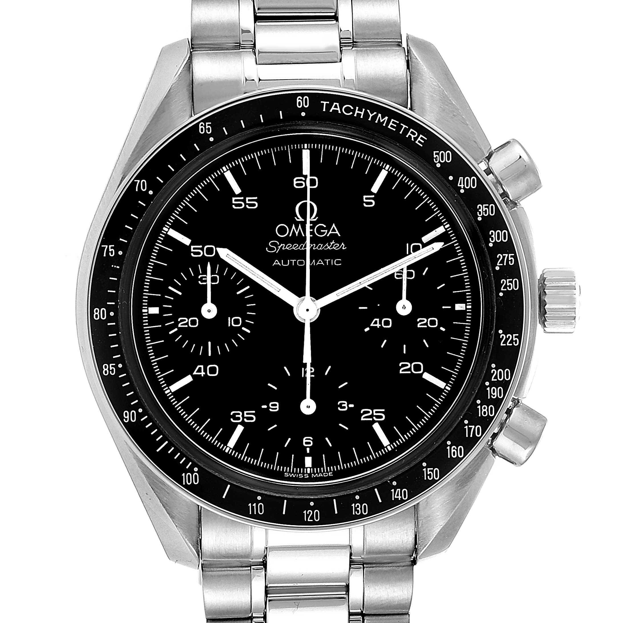 The image shows a front view of an Omega Speedmaster 3510.50.00 Men
s Stainless Steel Black Dial 3510.50.00 Men
s Stainless Steel Black Dial watch, highlighting its dial, sub-dials, bezel, and metal bracelet.