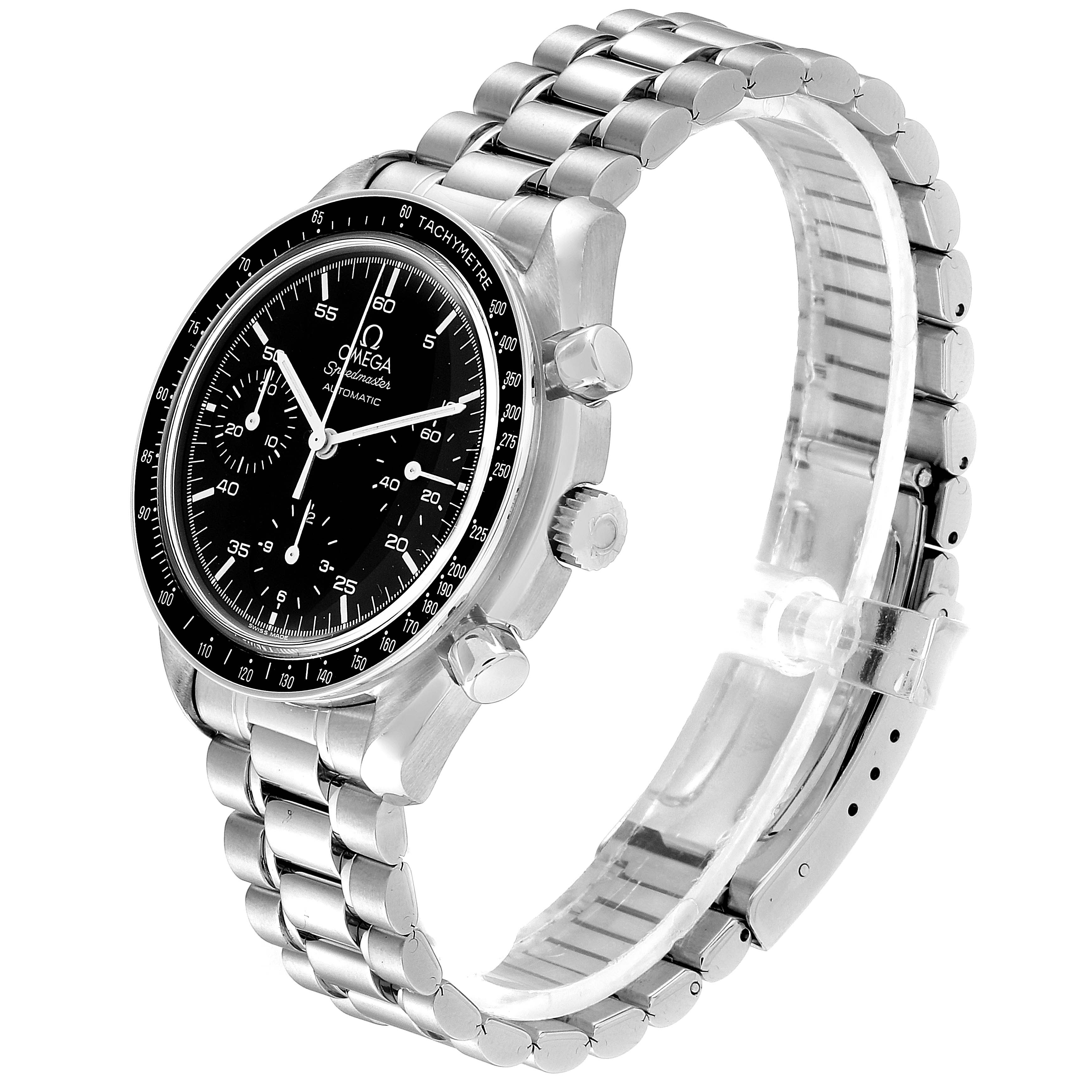 The Omega Speedmaster 3510.50.00 Men
s Stainless Steel Black Dial 3510.50.00 Men
s Stainless Steel Black Dial watch is shown at a side angle, showcasing its black dial, stainless steel case, and bracelet.