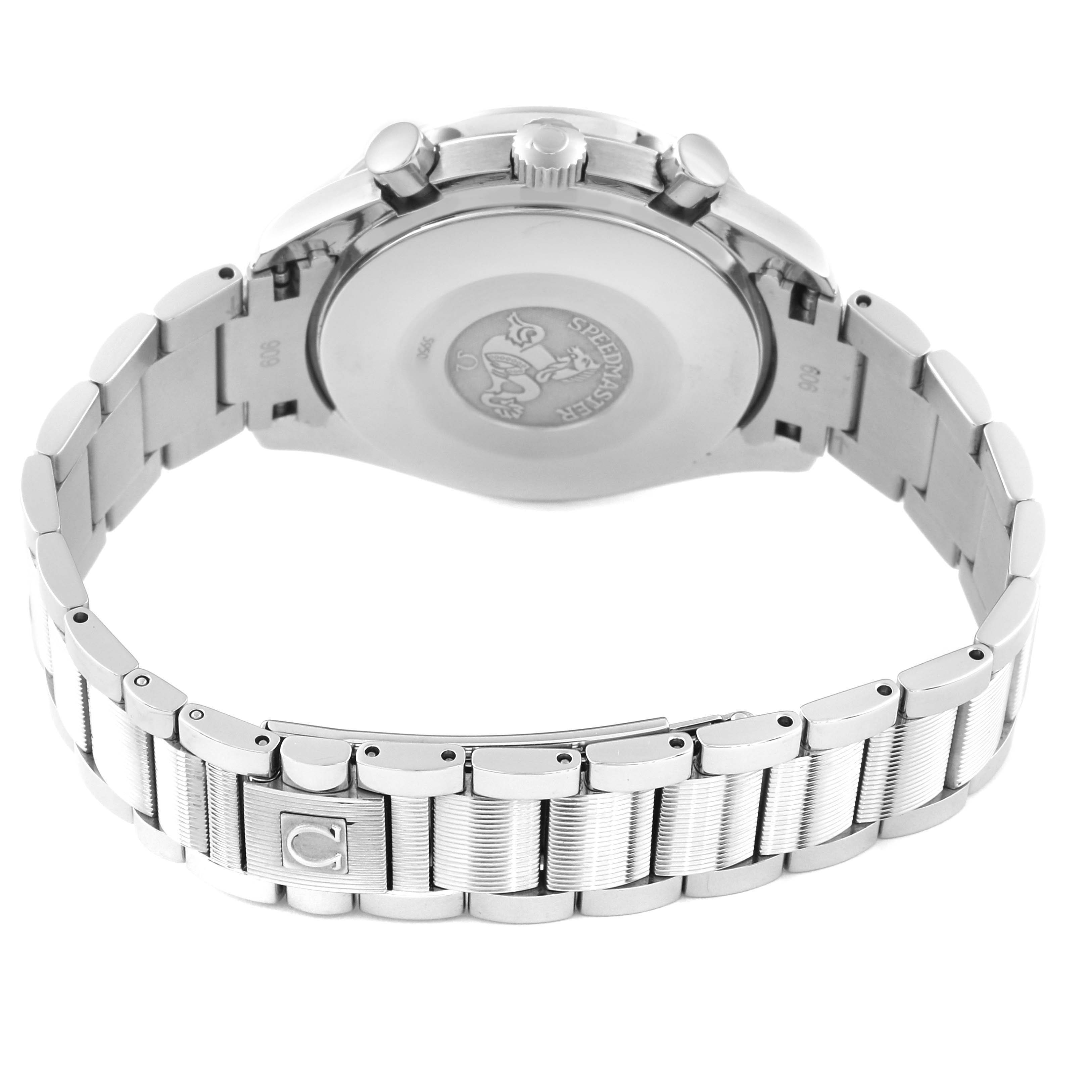 The Omega Speedmaster 3539.31.00 Men
s Stainless Steel Silver Dial 3539.31.00 Men
s Stainless Steel Silver Dial is shown from the rear, highlighting its case back and metal bracelet.