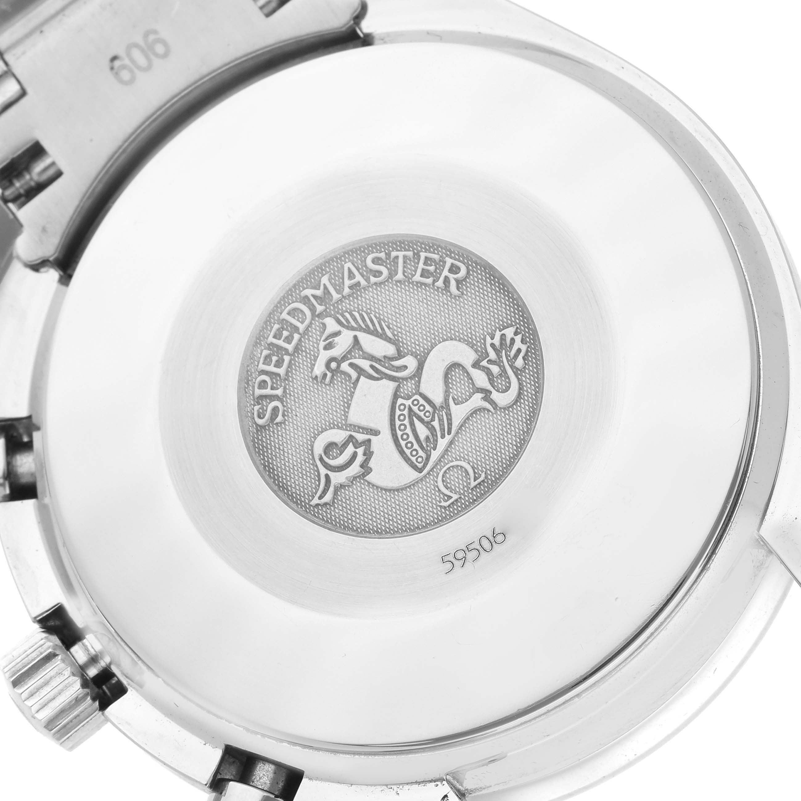 The image shows the case back of an Omega Speedmaster 3539.31.00 Men
s Stainless Steel Silver Dial 3539.31.00 Men
s Stainless Steel Silver Dial, featuring the engraved logo and model details.