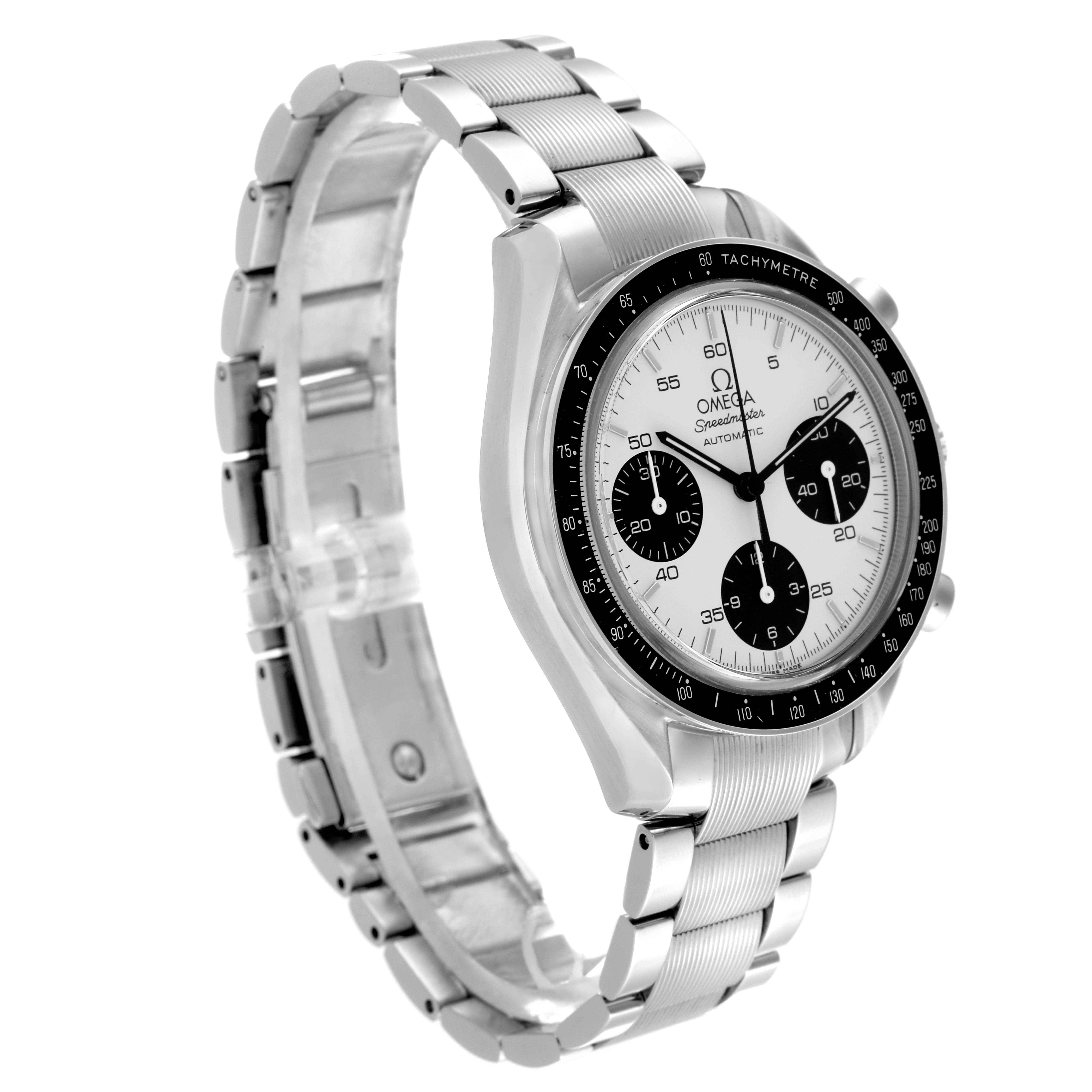 The Omega Speedmaster 3539.31.00 Men
s Stainless Steel Silver Dial 3539.31.00 Men
s Stainless Steel Silver Dial watch is shown at a three-quarter angle, highlighting the face, bezel, and stainless steel bracelet.