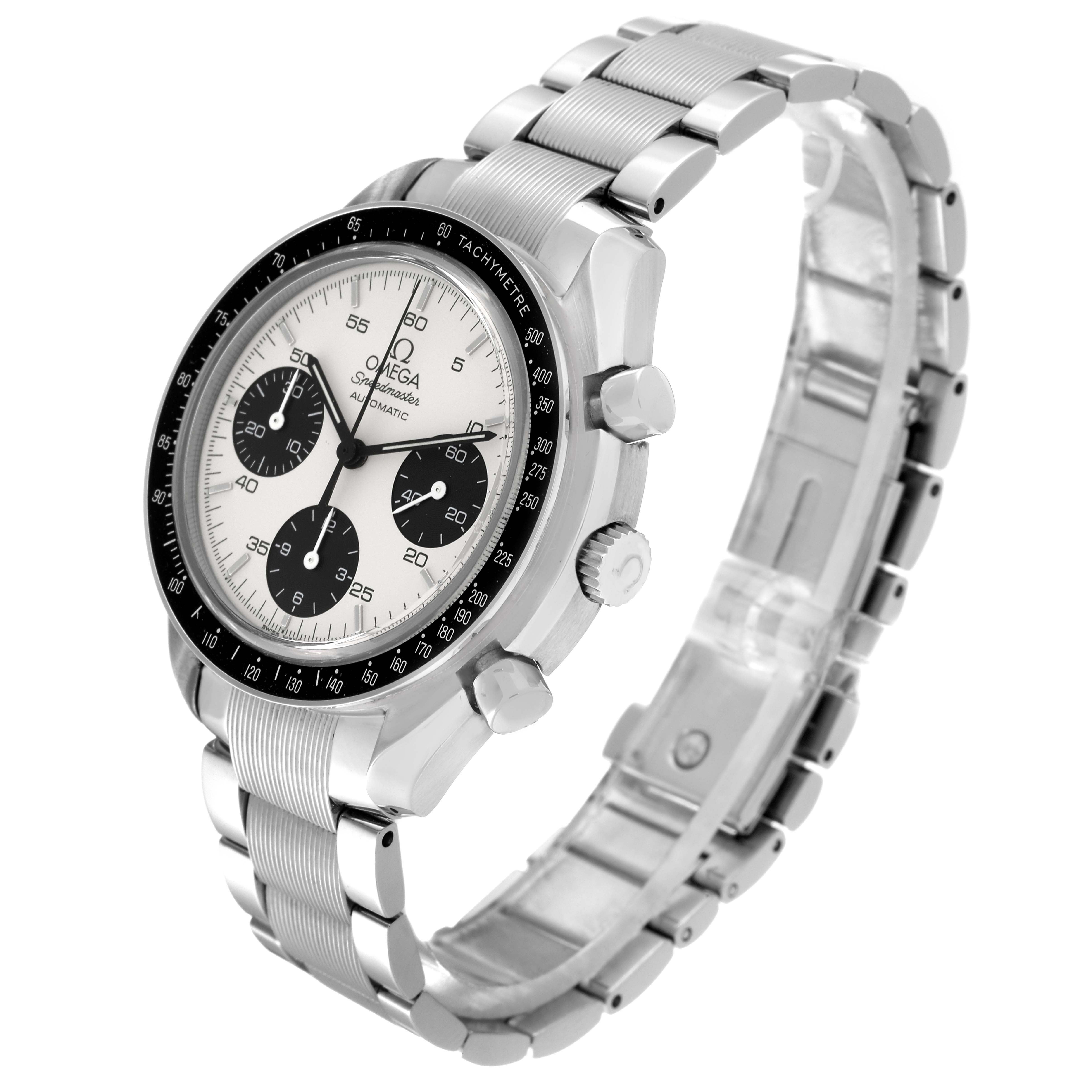 The Omega Speedmaster 3539.31.00 Men
s Stainless Steel Silver Dial 3539.31.00 Men
s Stainless Steel Silver Dial watch is shown at an angle highlighting the dial, bezel, crown, pushers, and bracelet.