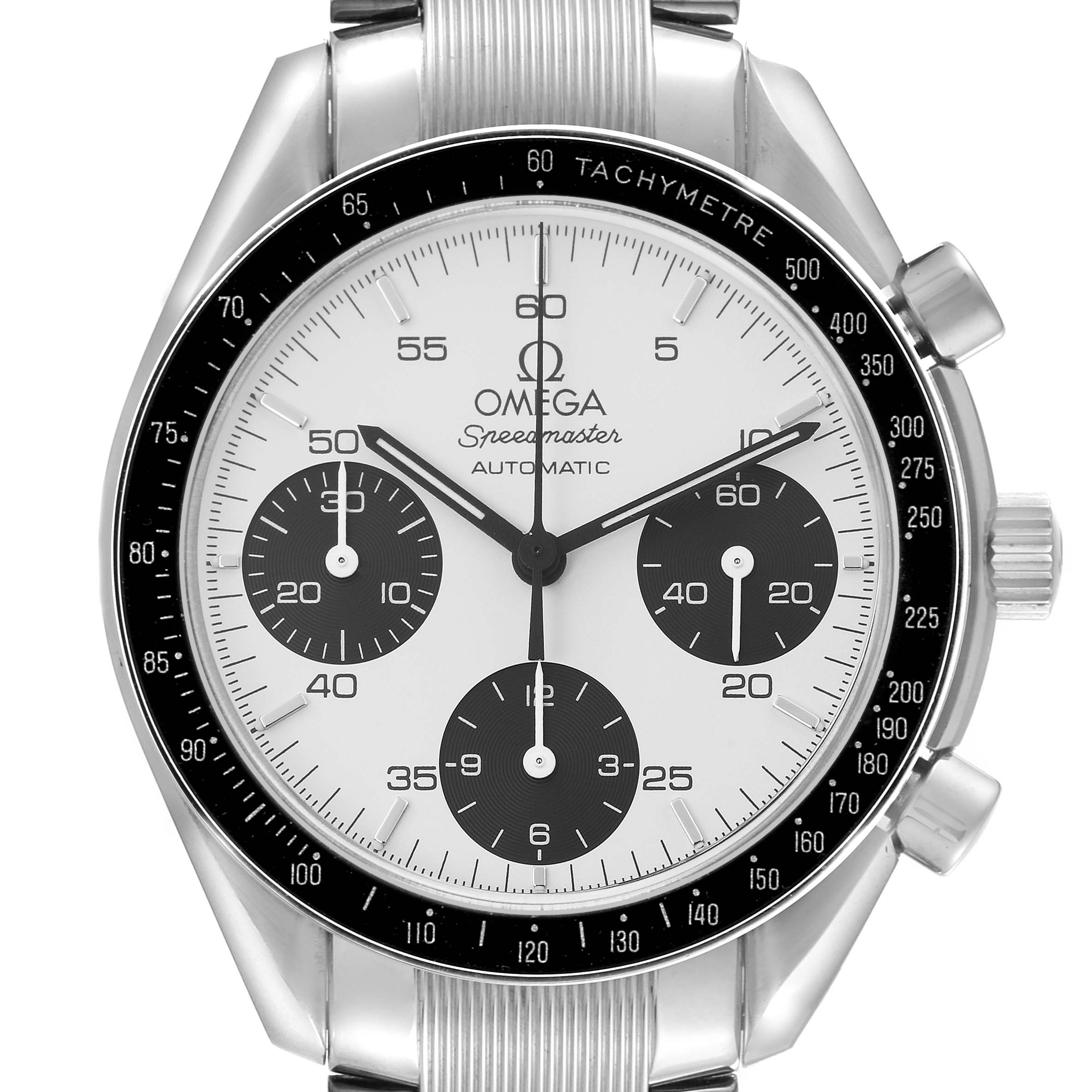 The Omega Speedmaster 3539.31.00 Men
s Stainless Steel Silver Dial 3539.31.00 Men
s Stainless Steel Silver Dial watch is shown from a front angle, highlighting the dial, bezel, and crown.