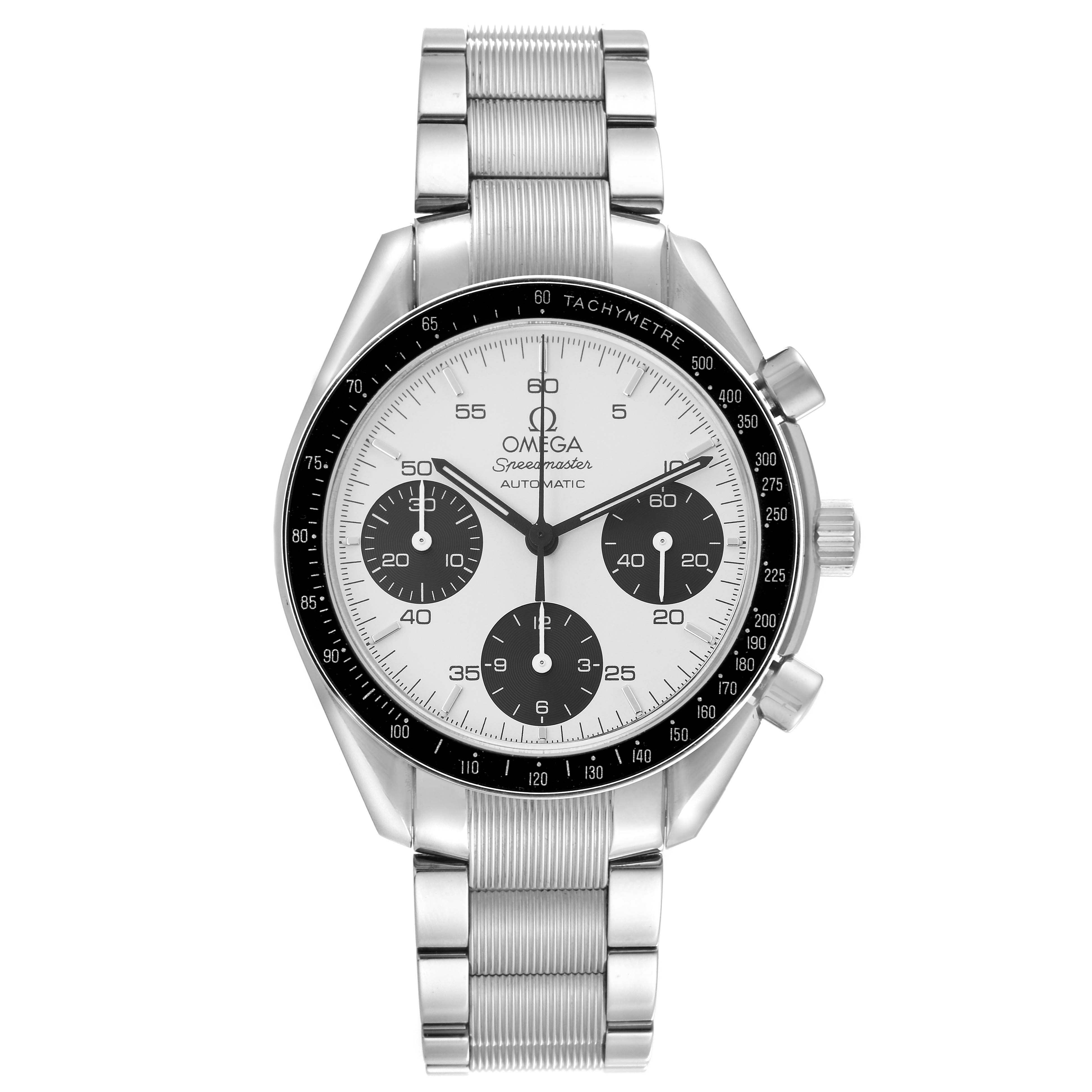 The Omega Speedmaster 3539.31.00 Men
s Stainless Steel Silver Dial 3539.31.00 Men
s Stainless Steel Silver Dial watch is shown from a frontal angle, displaying the full dial and bracelet.