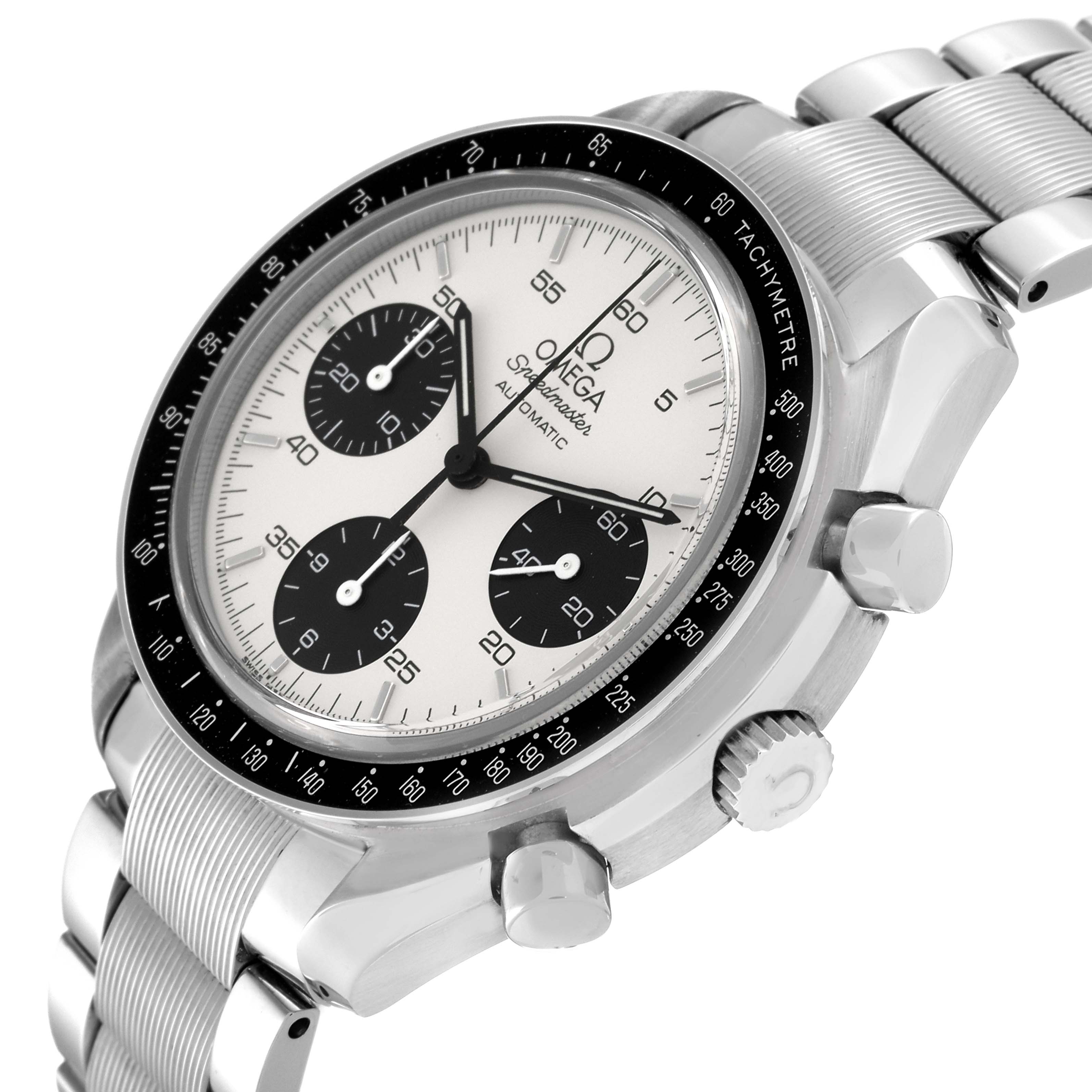 The Omega Speedmaster 3539.31.00 Men
s Stainless Steel Silver Dial 3539.31.00 Men
s Stainless Steel Silver Dial watch is shown at an angled view emphasizing the dial, bezel, side pushers, and bracelet.