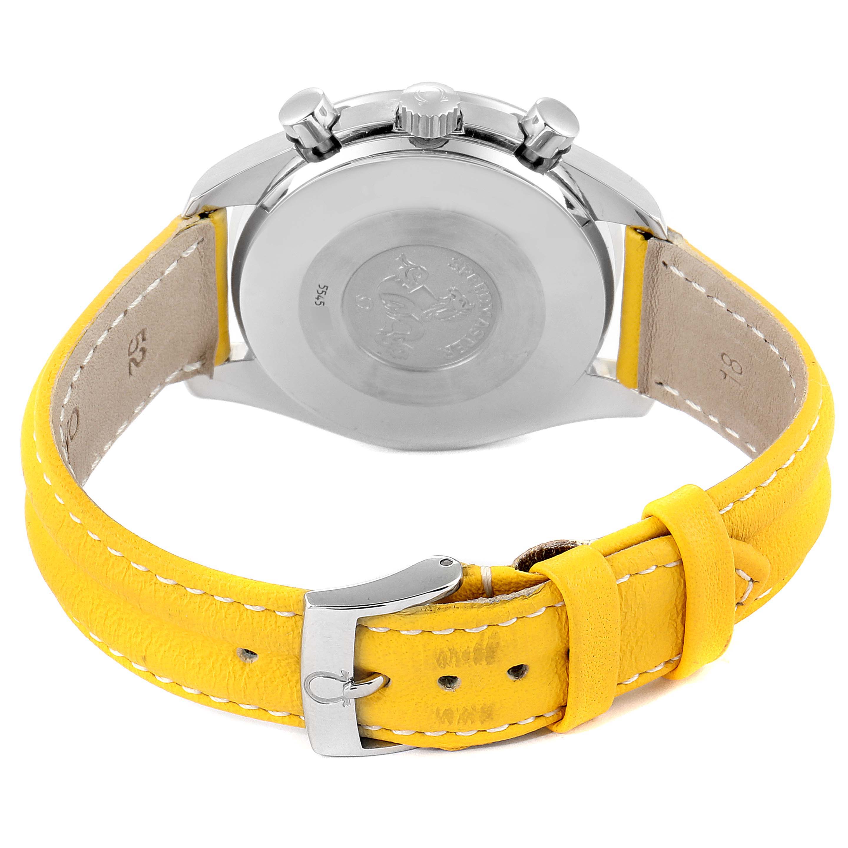 The image shows the back of an Omega Speedmaster 3810.12.40 Men's Stainless Steel Yellow Dial 3810.12.40 Men's Stainless Steel Yellow Dial watch with its caseback, crown, pushers, and a yellow leather strap.
