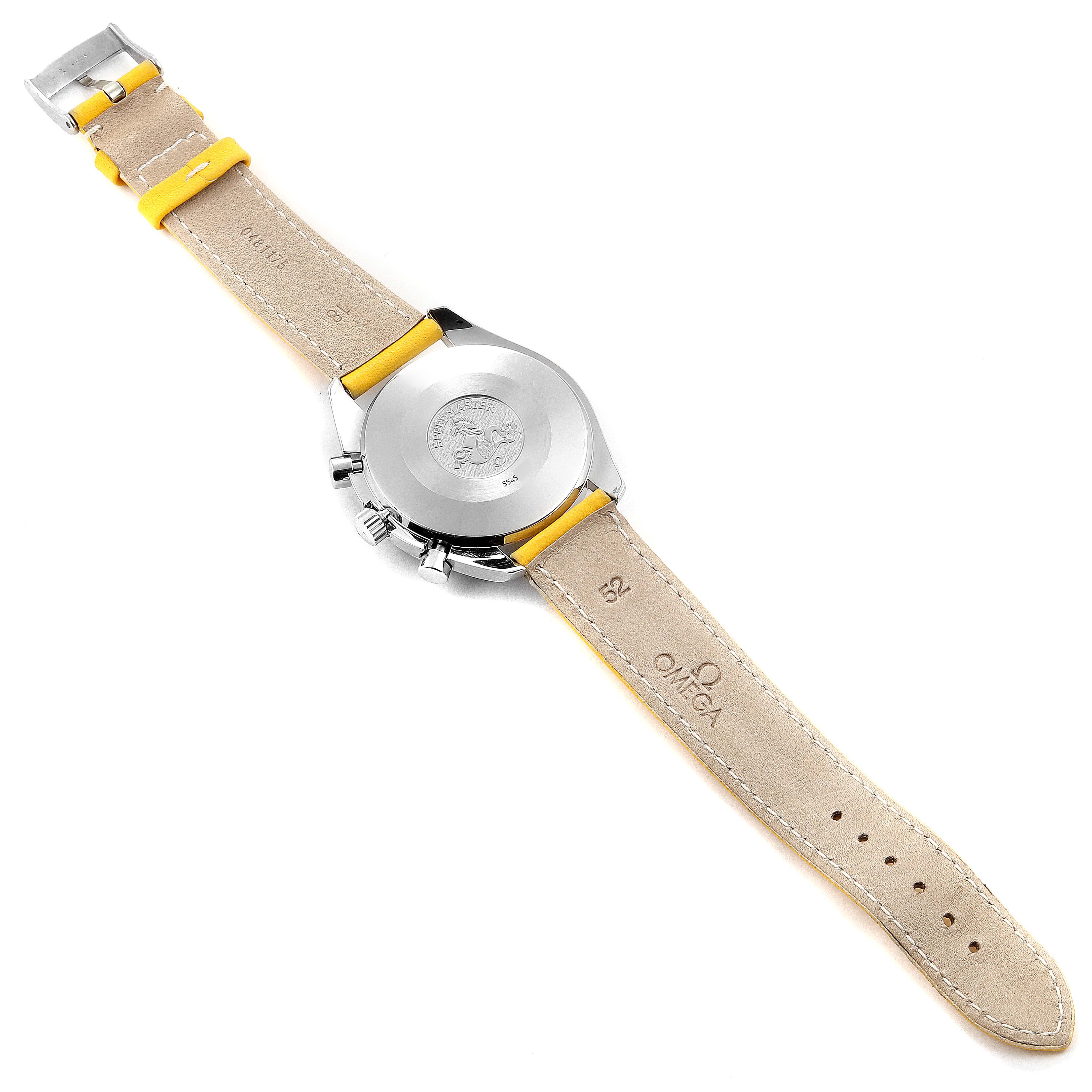 The image shows the back view of an Omega Speedmaster 3810.12.40 Men's Stainless Steel Yellow Dial 3810.12.40 Men's Stainless Steel Yellow Dial watch with its leather strap and buckle.