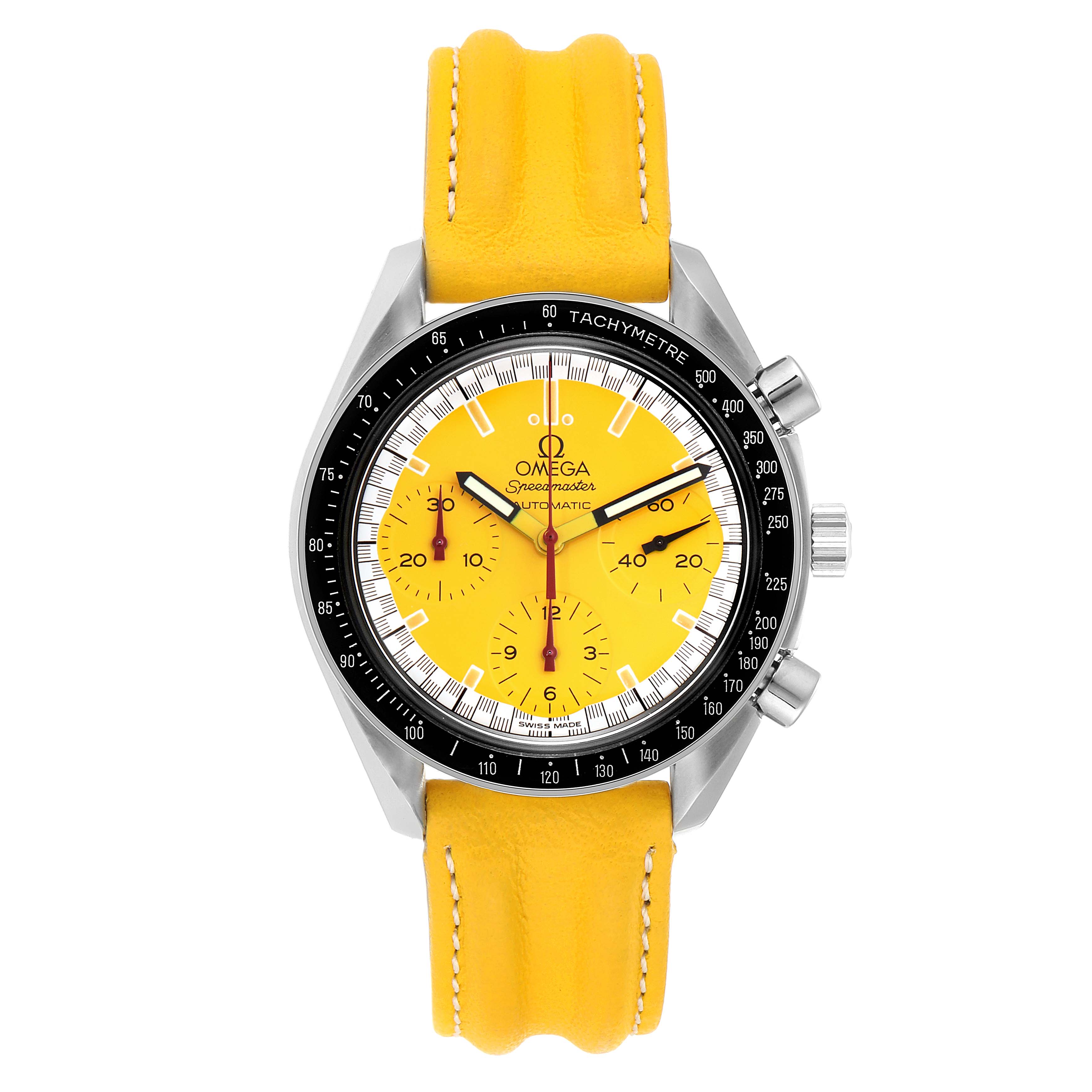 The image shows a front view of an Omega Speedmaster 3810.12.40 Men's Stainless Steel Yellow Dial 3810.12.40 Men's Stainless Steel Yellow Dial watch with a yellow dial and leather strap.