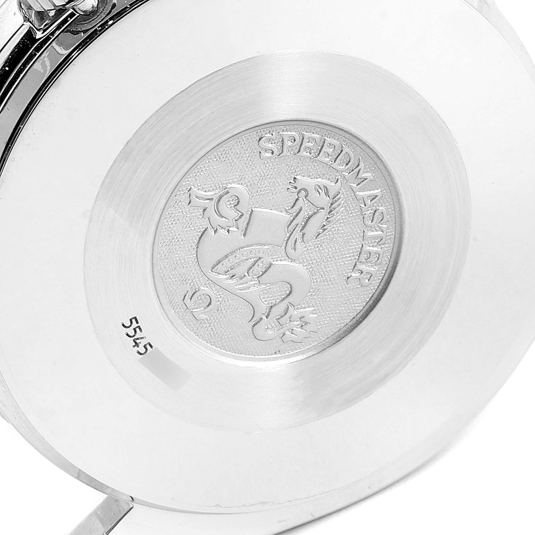 The image shows the back case of an Omega Speedmaster 3810.12.40 Men's Stainless Steel Yellow Dial 3810.12.40 Men's Stainless Steel Yellow Dial watch, featuring the model name and a decorative emblem.