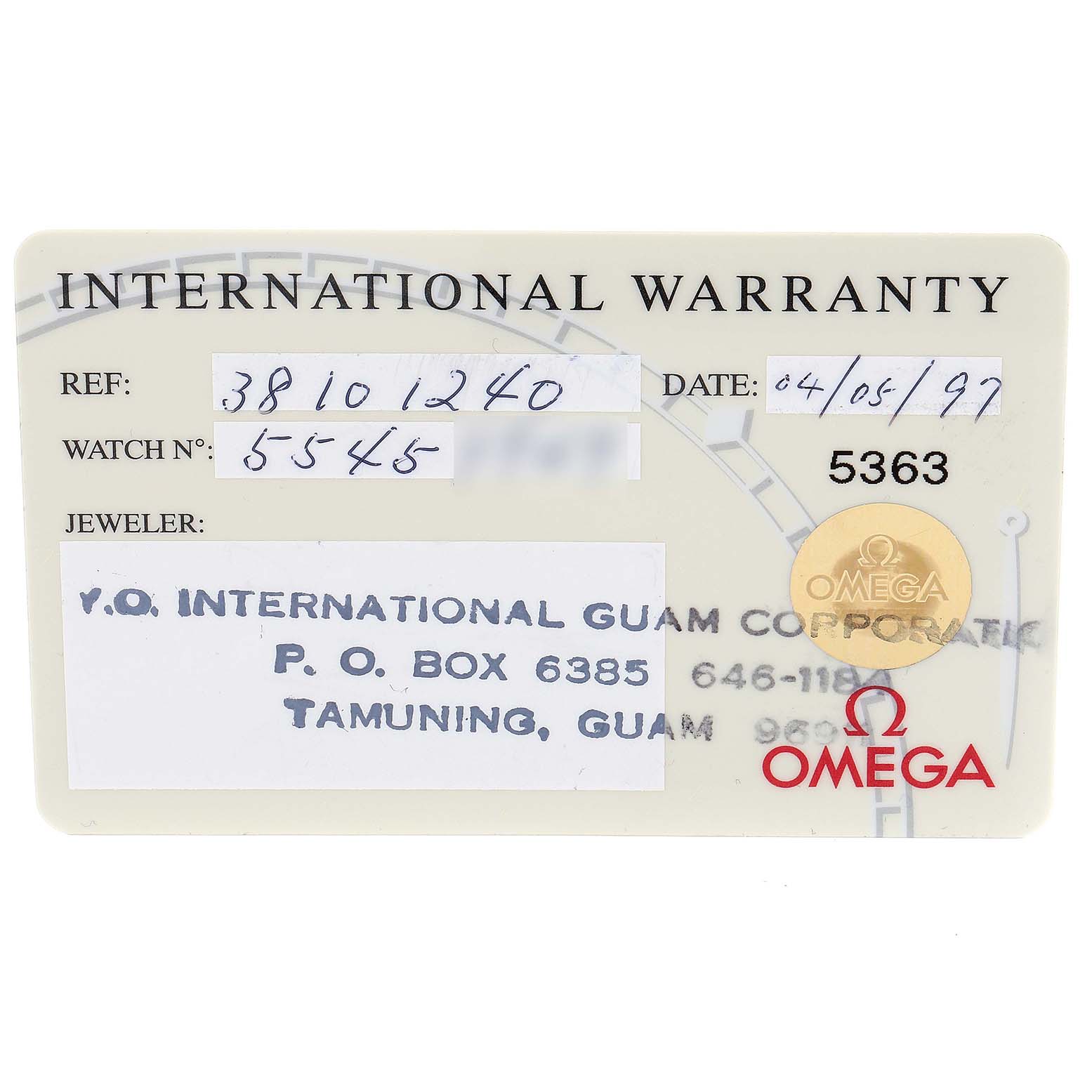 The image shows the international warranty card for the Omega Speedmaster 3810.12.40 Men's Stainless Steel Yellow Dial 3810.12.40 Men's Stainless Steel Yellow Dial watch.