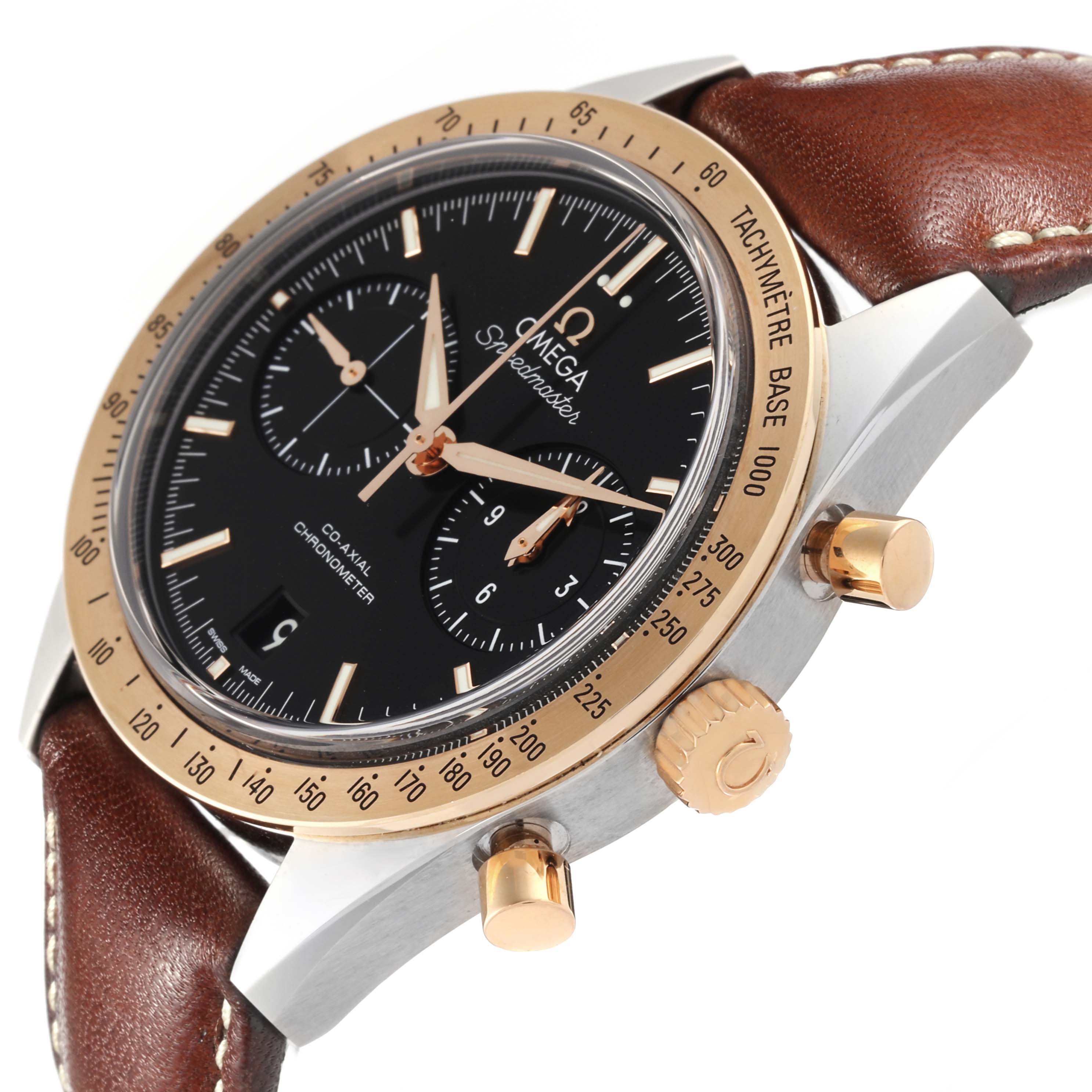 The Omega Speedmaster 331.22.42.51.01.001 Men's Steel and Gold (two tone) Black Dial 331.22.42.51.01.001 Men's Steel and Gold (two tone) Black Dial watch is shown from a side angle, highlighting the dial, bezel, pushers, and leather strap.