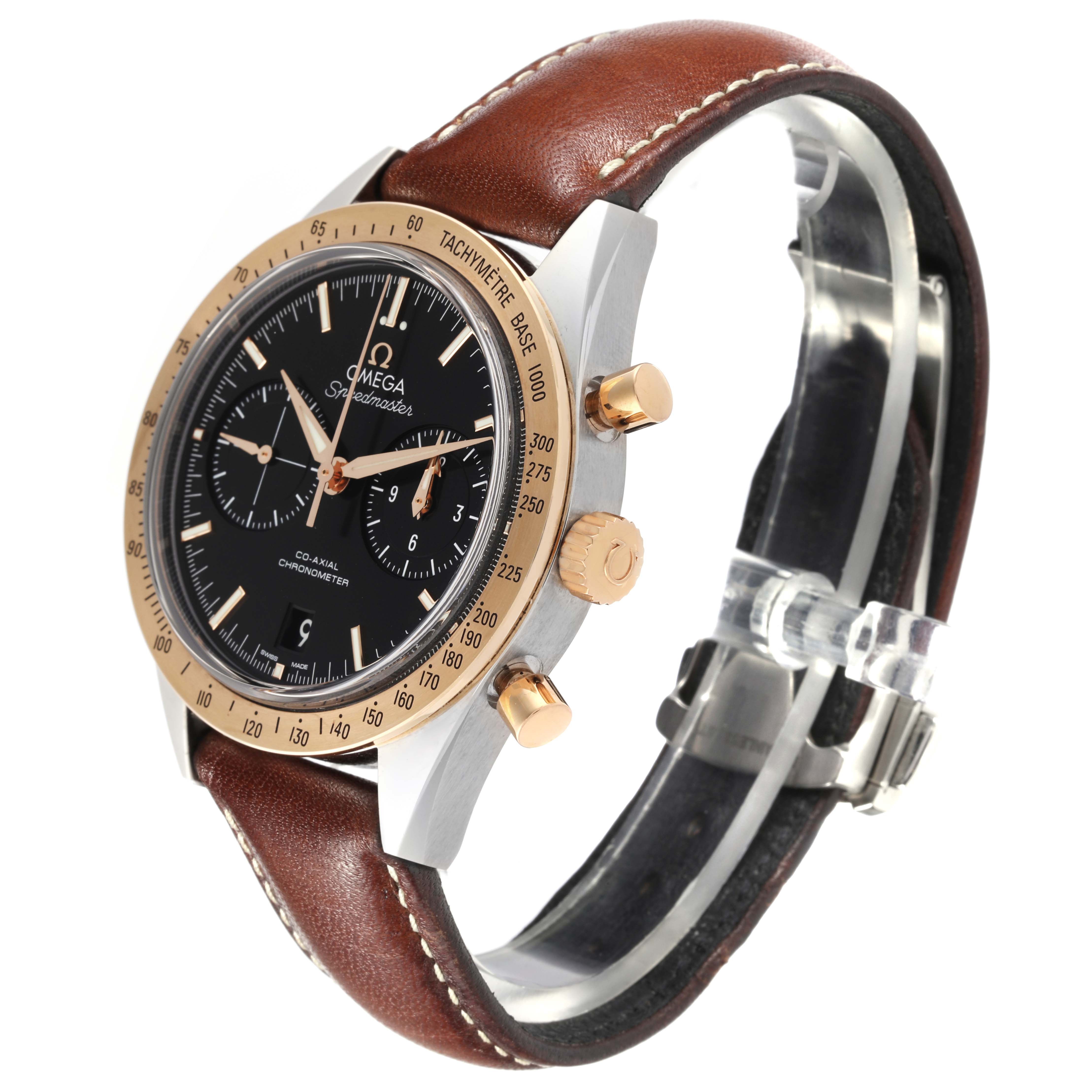 The Omega Speedmaster 331.22.42.51.01.001 Men's Steel and Gold (two tone) Black Dial 331.22.42.51.01.001 Men's Steel and Gold (two tone) Black Dial watch is shown from a three-quarter angle, highlighting the dial, bezel, crown, and leather strap.