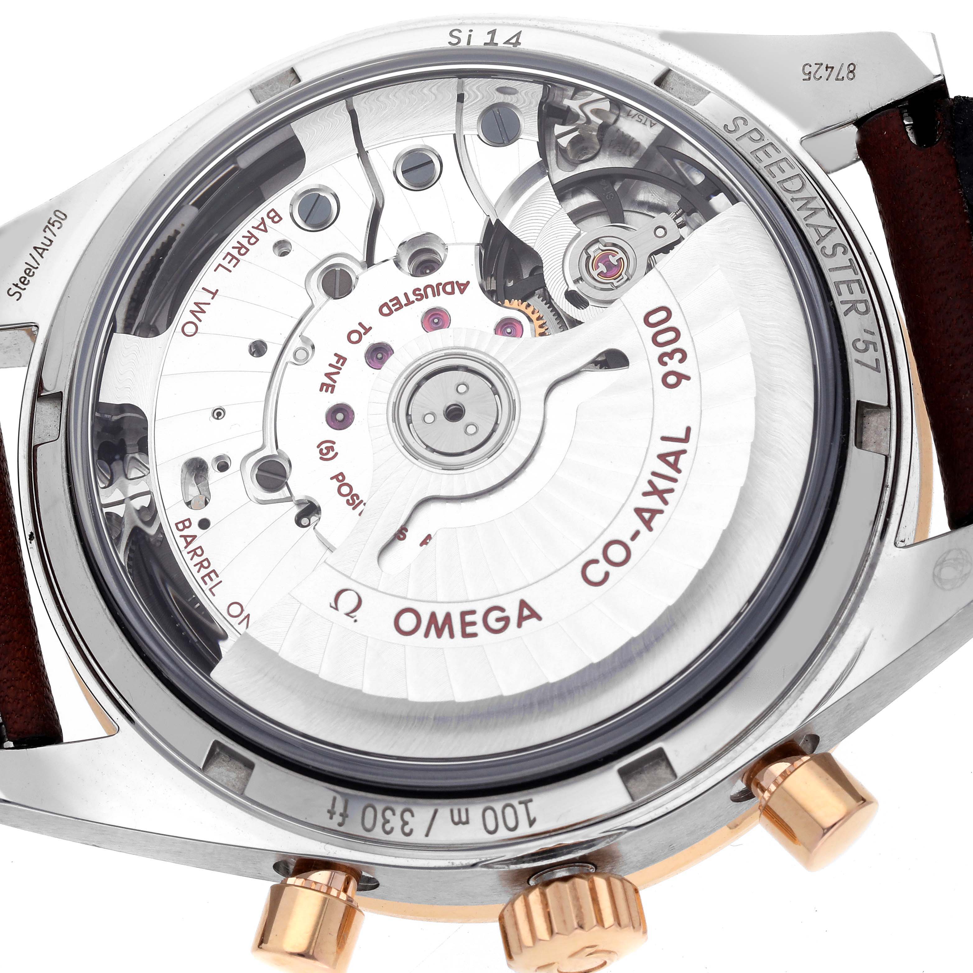 The image shows the back view of the Omega Speedmaster 331.22.42.51.01.001 Men's Steel and Gold (two tone) Black Dial 331.22.42.51.01.001 Men's Steel and Gold (two tone) Black Dial 57, highlighting the Co-Axial 9300 movement mechanism.