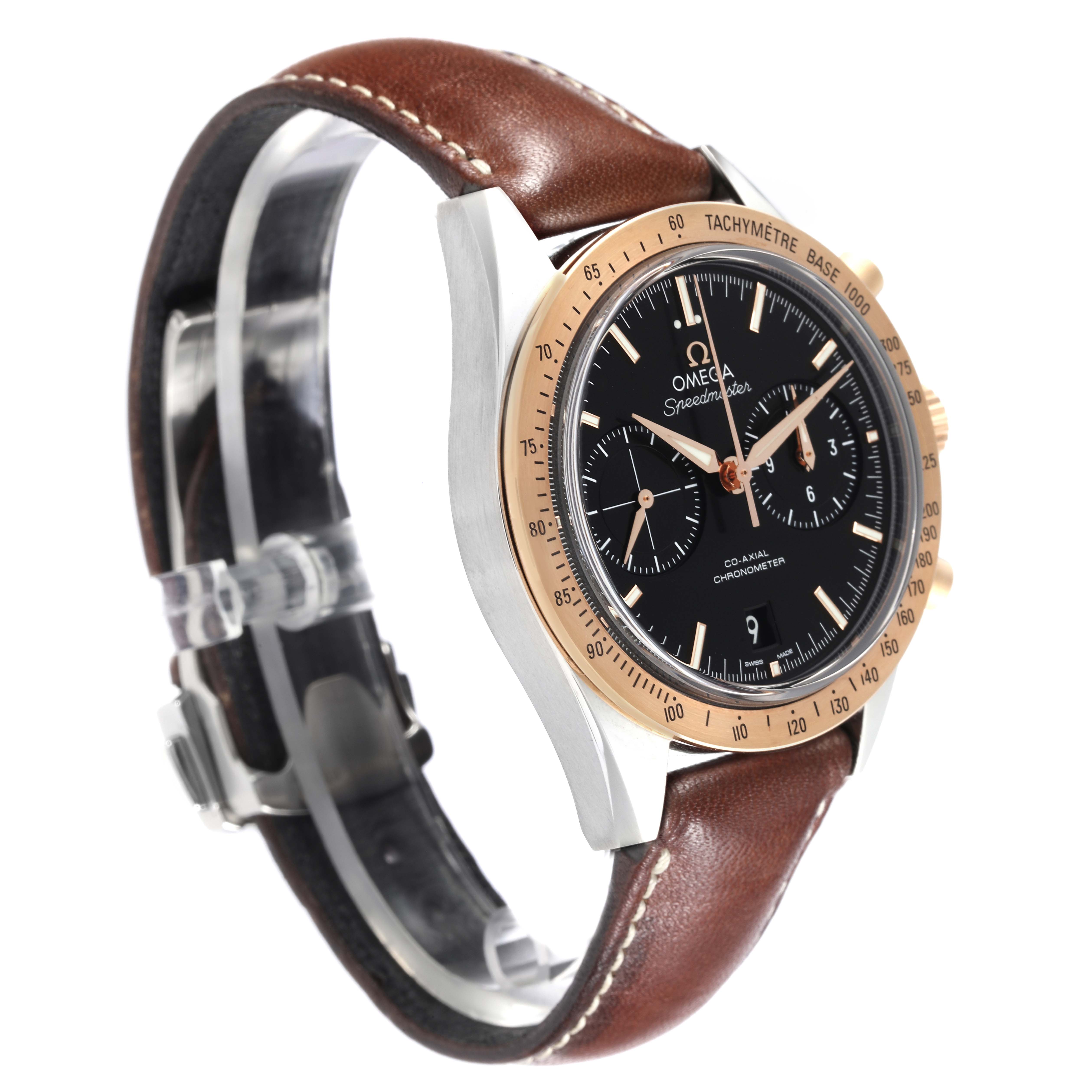The Omega Speedmaster 331.22.42.51.01.001 Men's Steel and Gold (two tone) Black Dial 331.22.42.51.01.001 Men's Steel and Gold (two tone) Black Dial watch is shown at a three-quarter angle, highlighting its face, bezel, side buttons, and brown leather strap.