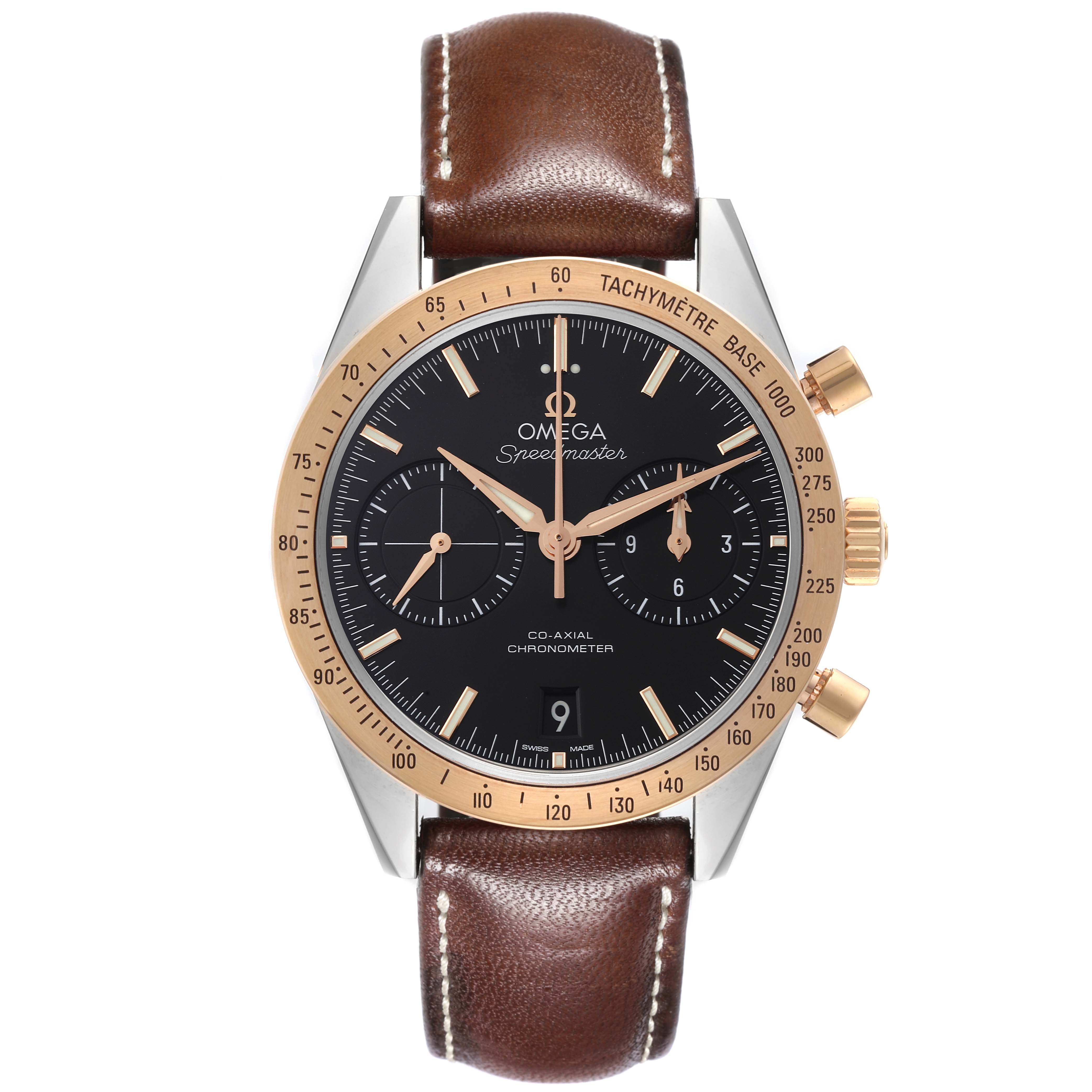 The Omega Speedmaster 331.22.42.51.01.001 Men's Steel and Gold (two tone) Black Dial 331.22.42.51.01.001 Men's Steel and Gold (two tone) Black Dial watch is shown from the front, displaying the dial, bezel, crown, and leather strap.