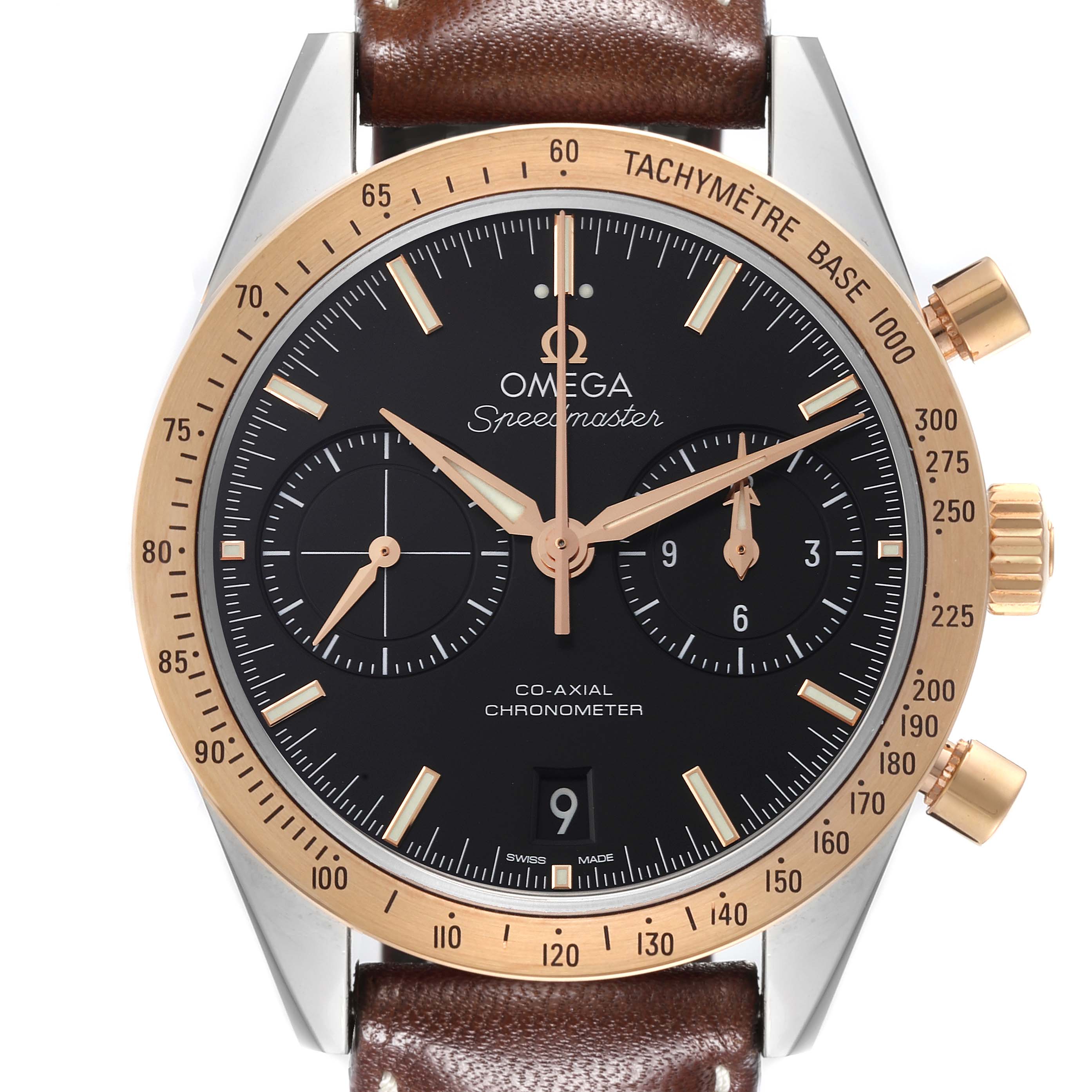 The Omega Speedmaster 331.22.42.51.01.001 Men's Steel and Gold (two tone) Black Dial 331.22.42.51.01.001 Men's Steel and Gold (two tone) Black Dial watch is shown from the front, displaying the dial, bezel, pushers, and brown leather strap.