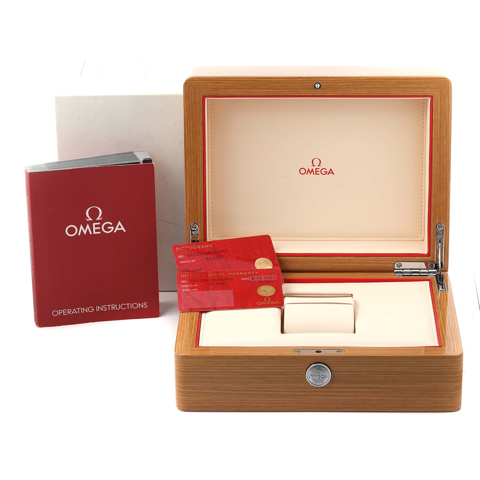 The image shows an Omega Speedmaster 331.22.42.51.01.001 Men's Steel and Gold (two tone) Black Dial 331.22.42.51.01.001 Men's Steel and Gold (two tone) Black Dial watch box, operating instructions, and warranty cards, viewed from the front.