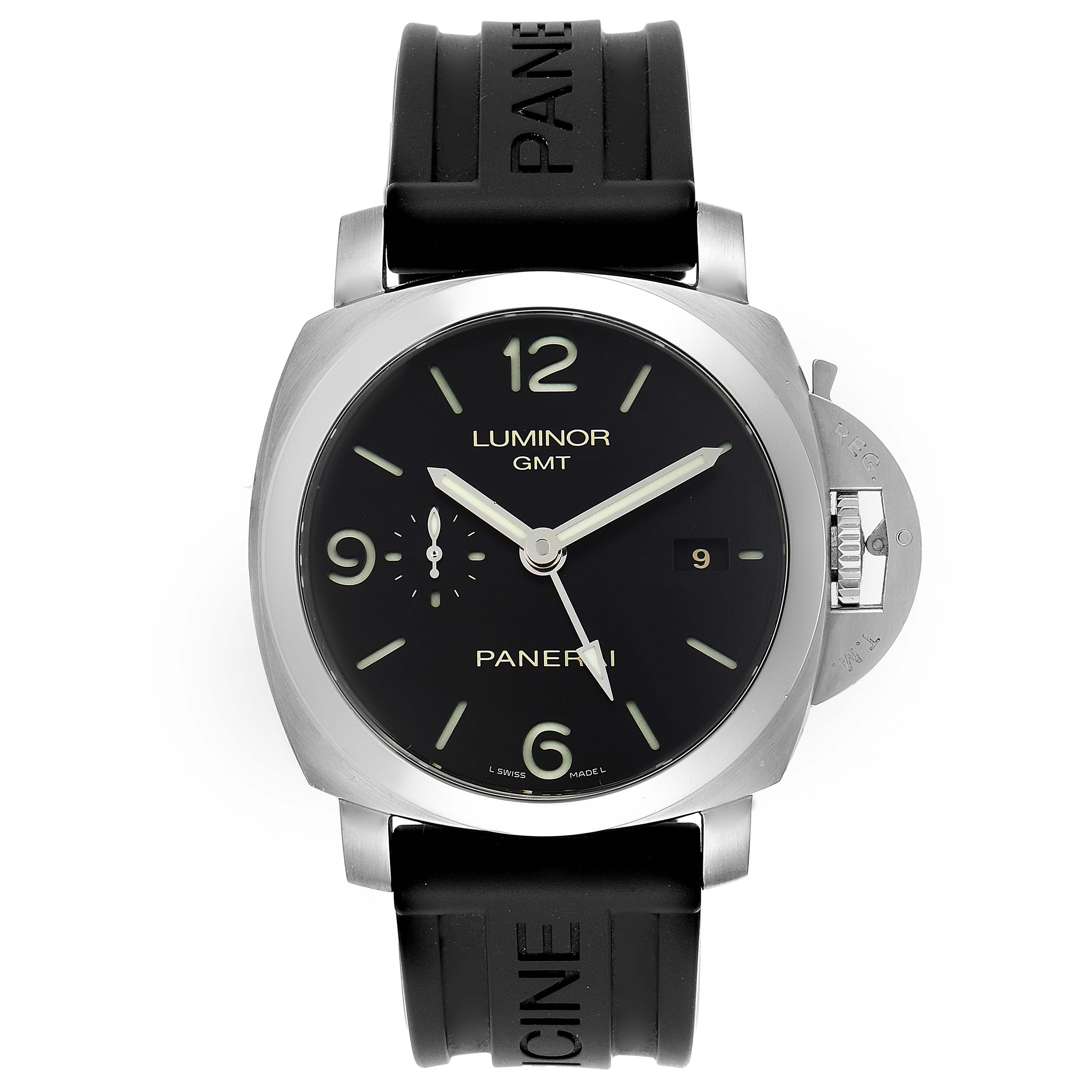 The image shows a front view of a Panerai Luminor PAM00320 Men's Stainless Steel Black Dial PAM00320 Men's Stainless Steel Black Dial model watch, highlighting its face, strap, and crown guard.