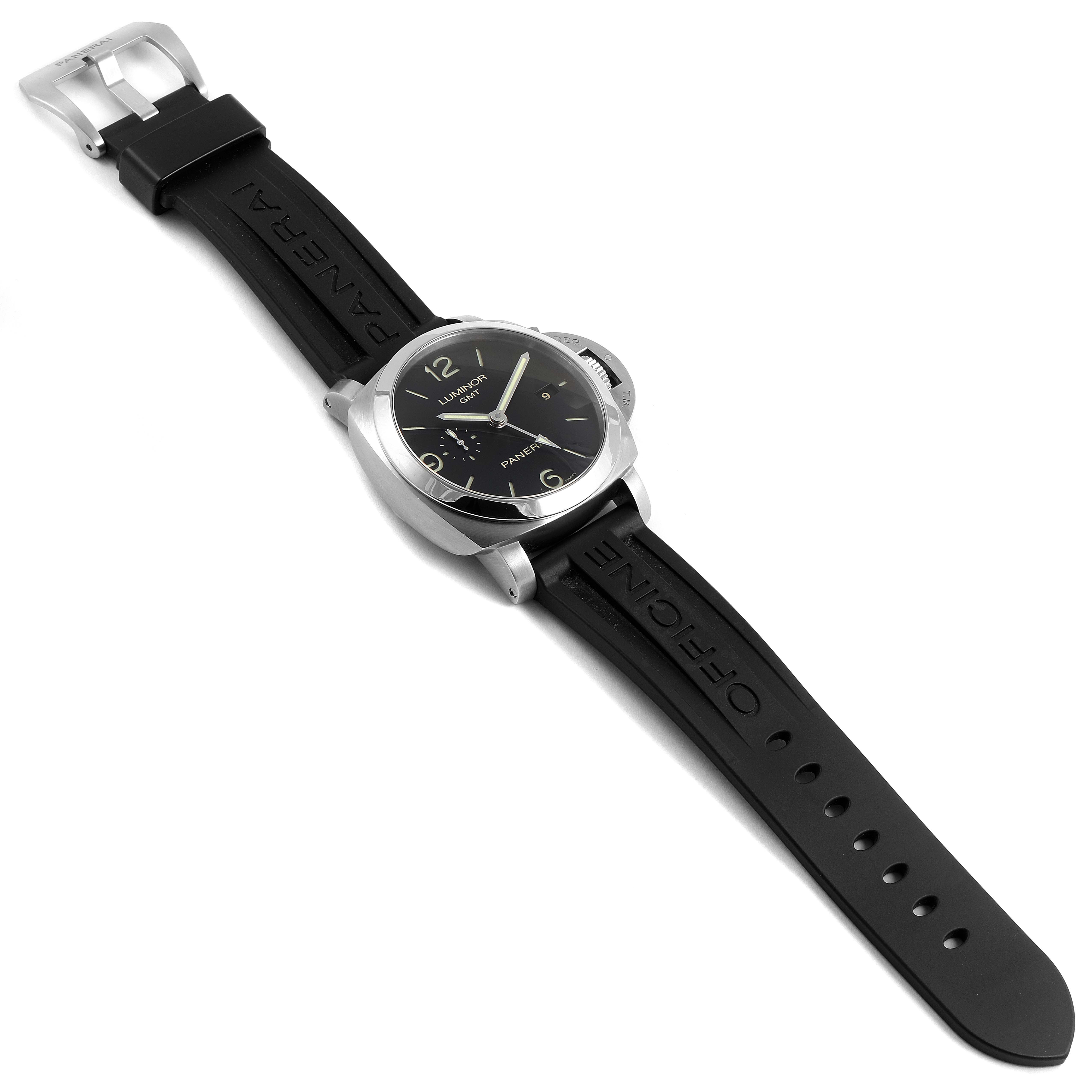 The image shows a top view of a Panerai Luminor PAM00320 Men's Stainless Steel Black Dial PAM00320 Men's Stainless Steel Black Dial watch with a silver case and black rubber strap.