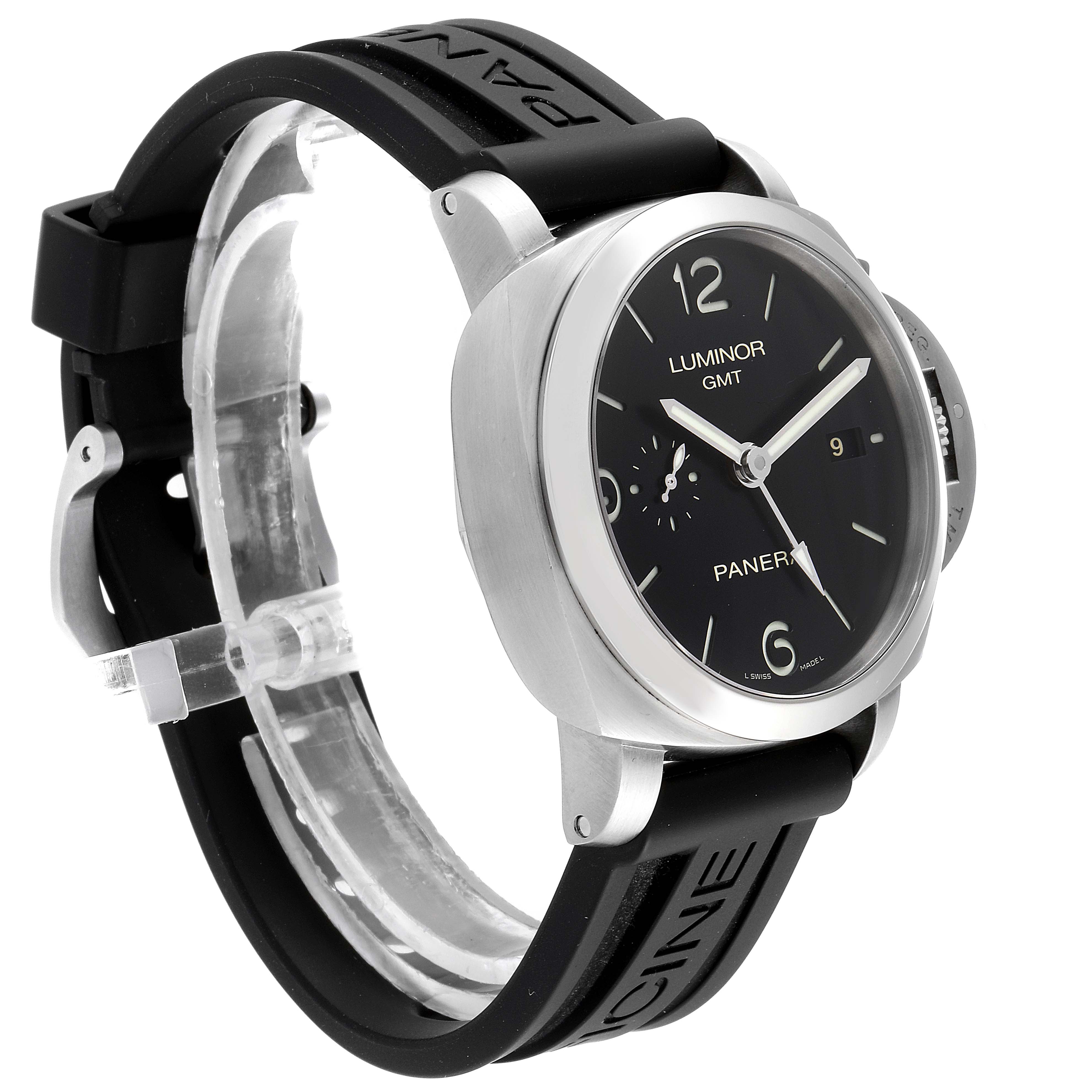 The Panerai Luminor PAM00320 Men's Stainless Steel Black Dial PAM00320 Men's Stainless Steel Black Dial watch is shown at a three-quarter angle, highlighting its face, case, and the black rubber strap.