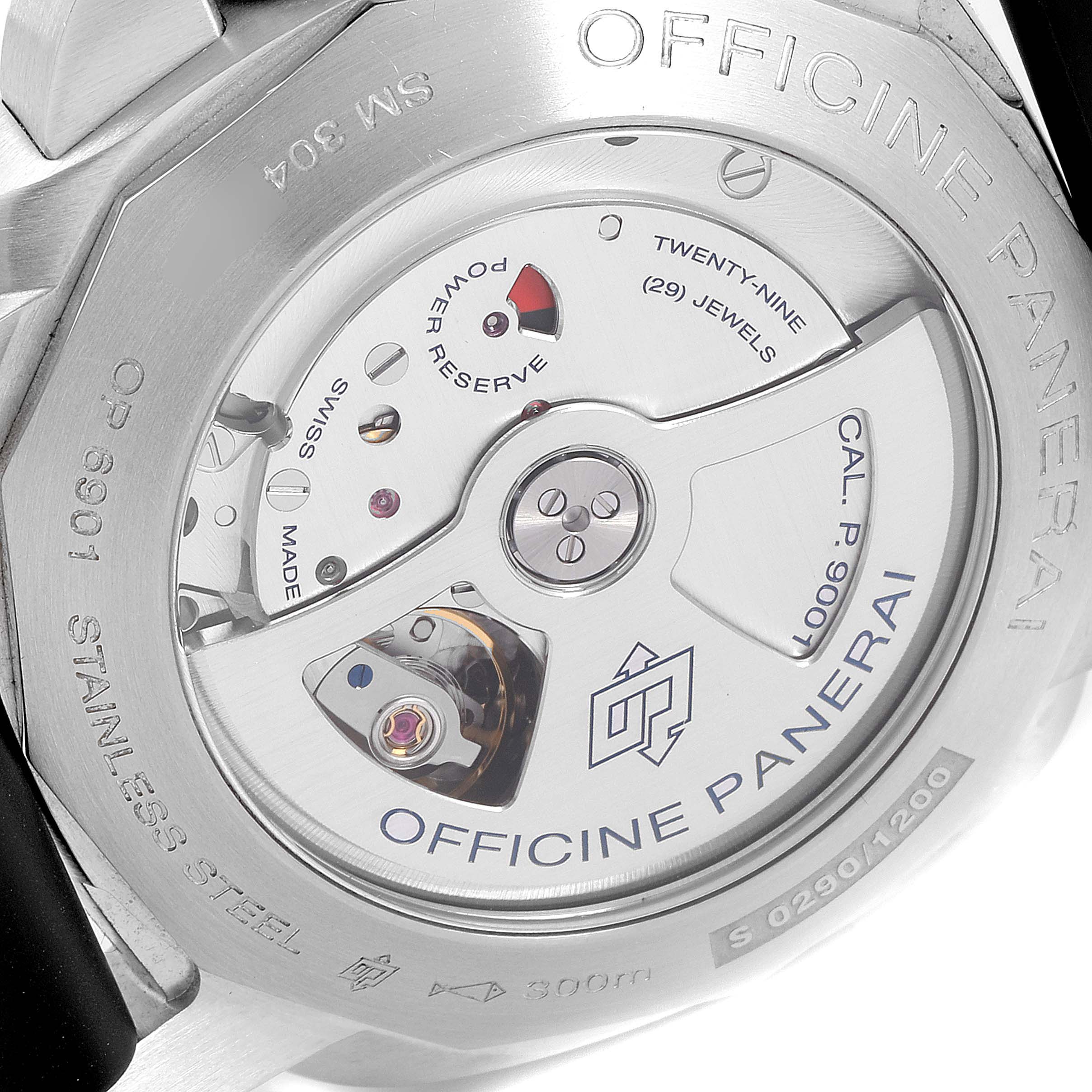 The image shows the back of a Panerai Luminor PAM00320 Men's Stainless Steel Black Dial PAM00320 Men's Stainless Steel Black Dial watch, highlighting its visible movement and markings on the case back.