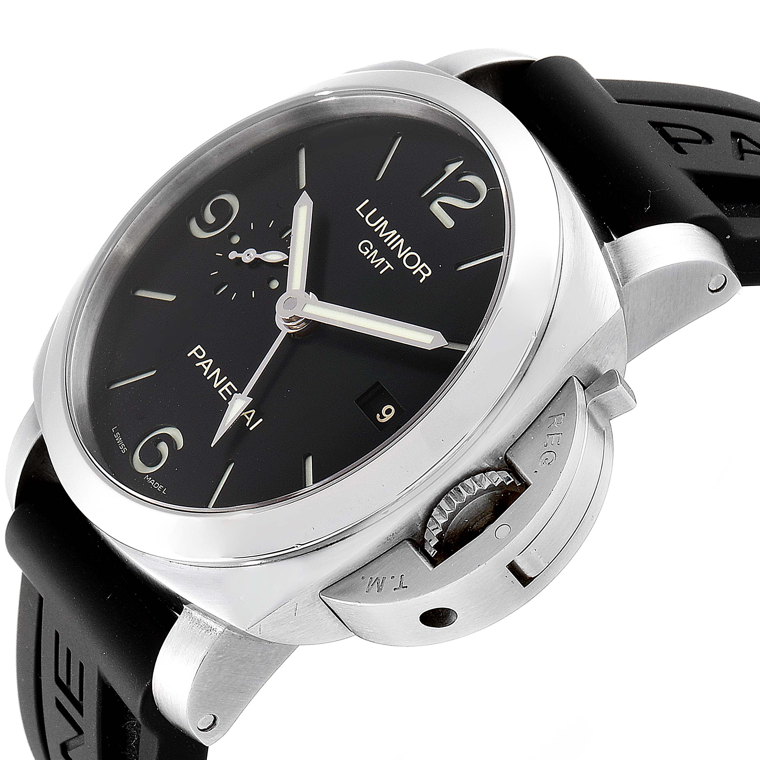 The Panerai Luminor PAM00320 Men's Stainless Steel Black Dial PAM00320 Men's Stainless Steel Black Dial GMT watch is shown at an angle highlighting its dial, crown guard, and part of the strap.