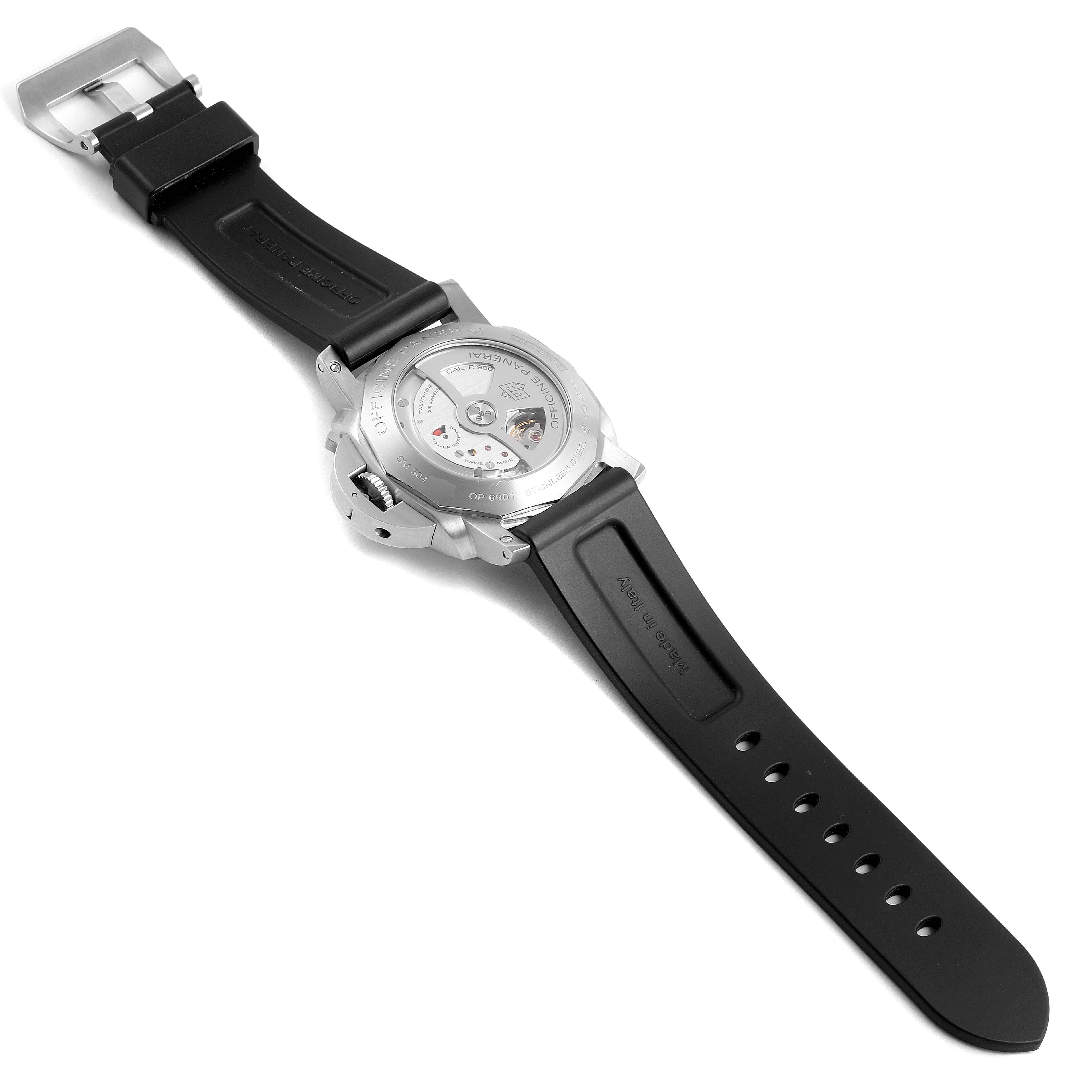 The image shows the back view of a Panerai Luminor PAM00320 Men's Stainless Steel Black Dial PAM00320 Men's Stainless Steel Black Dial watch, highlighting the case back and black rubber strap.