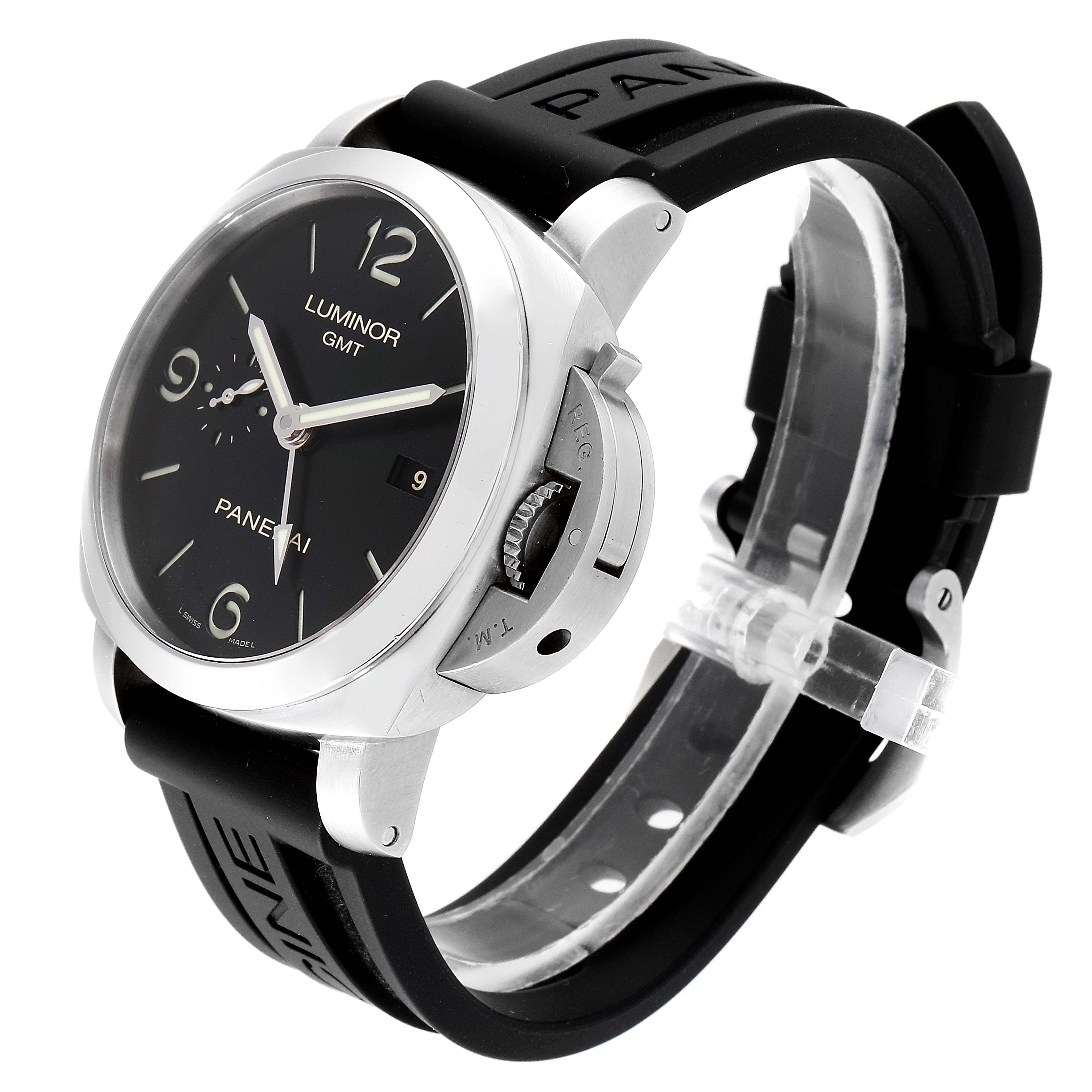 The image shows a Panerai Luminor PAM00320 Men's Stainless Steel Black Dial PAM00320 Men's Stainless Steel Black Dial GMT watch angled from the front-left, highlighting the dial, crown guard, and black strap.