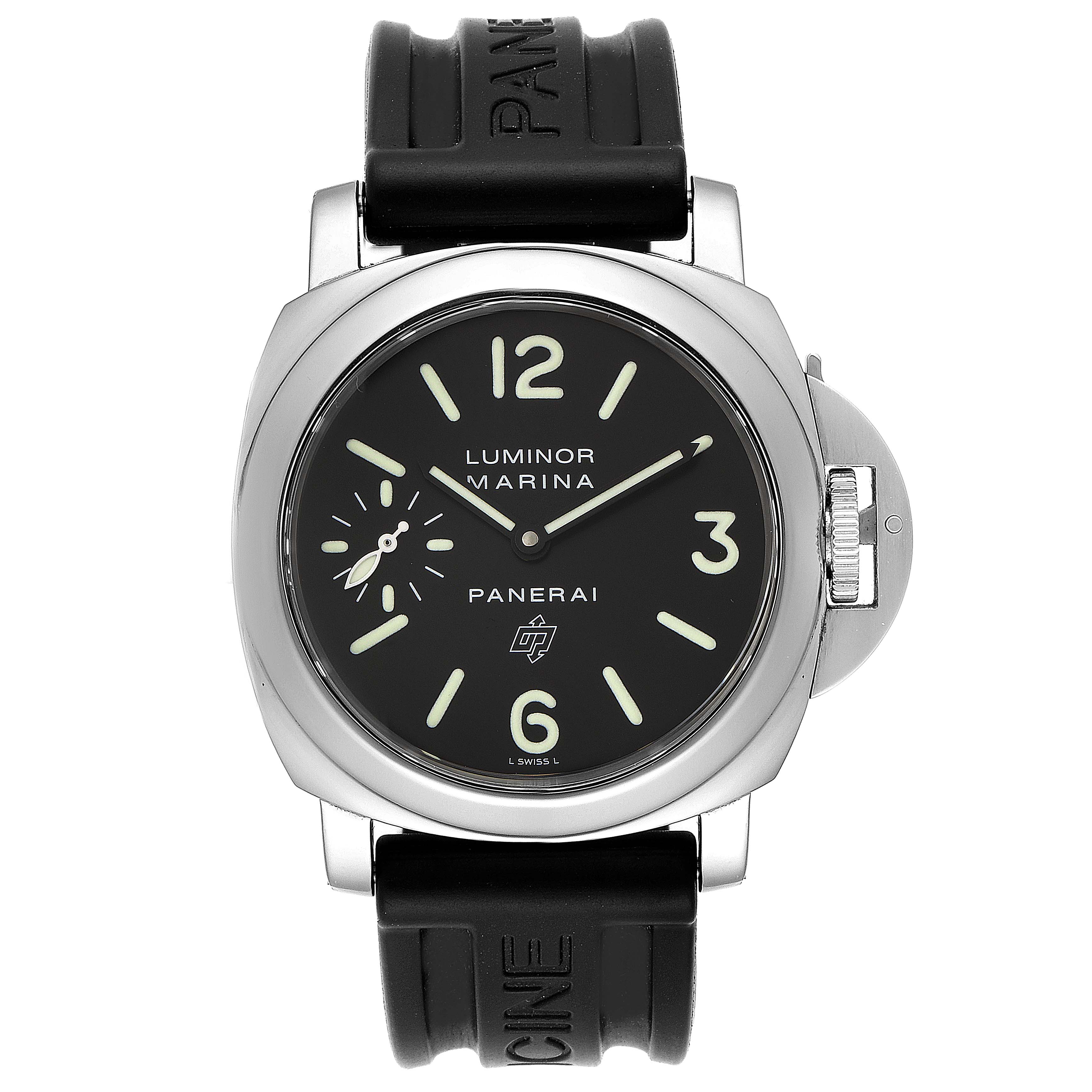 This image shows a front view of the Panerai Luminor PAM00000 Men's Stainless Steel Black Dial PAM00000 Men's Stainless Steel Black Dial Marina watch, displaying its face, dial, case, and part of the rubber strap.