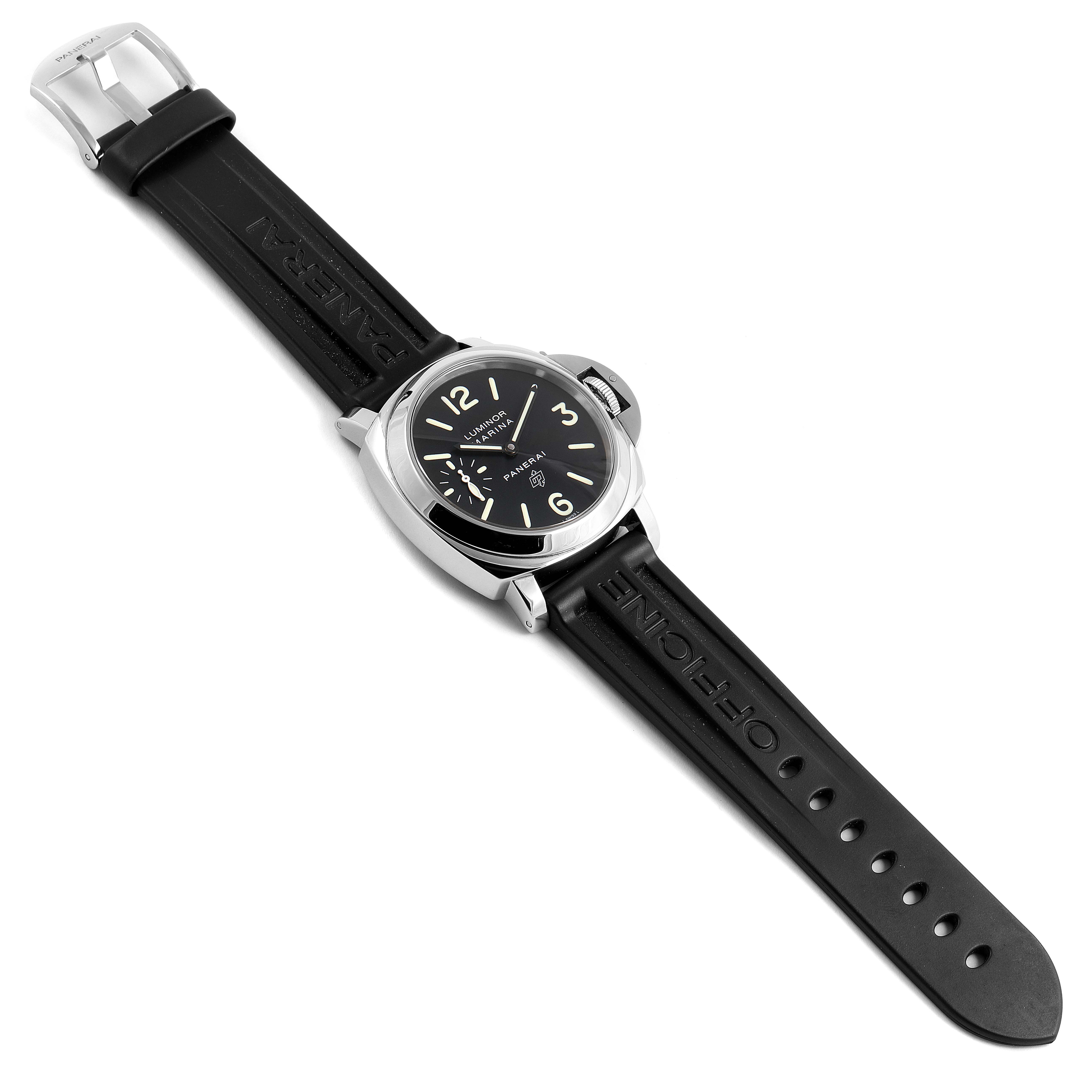 The image shows a Panerai Luminor PAM00000 Men's Stainless Steel Black Dial PAM00000 Men's Stainless Steel Black Dial watch lying flat, displaying its black dial, casing, and black strap.